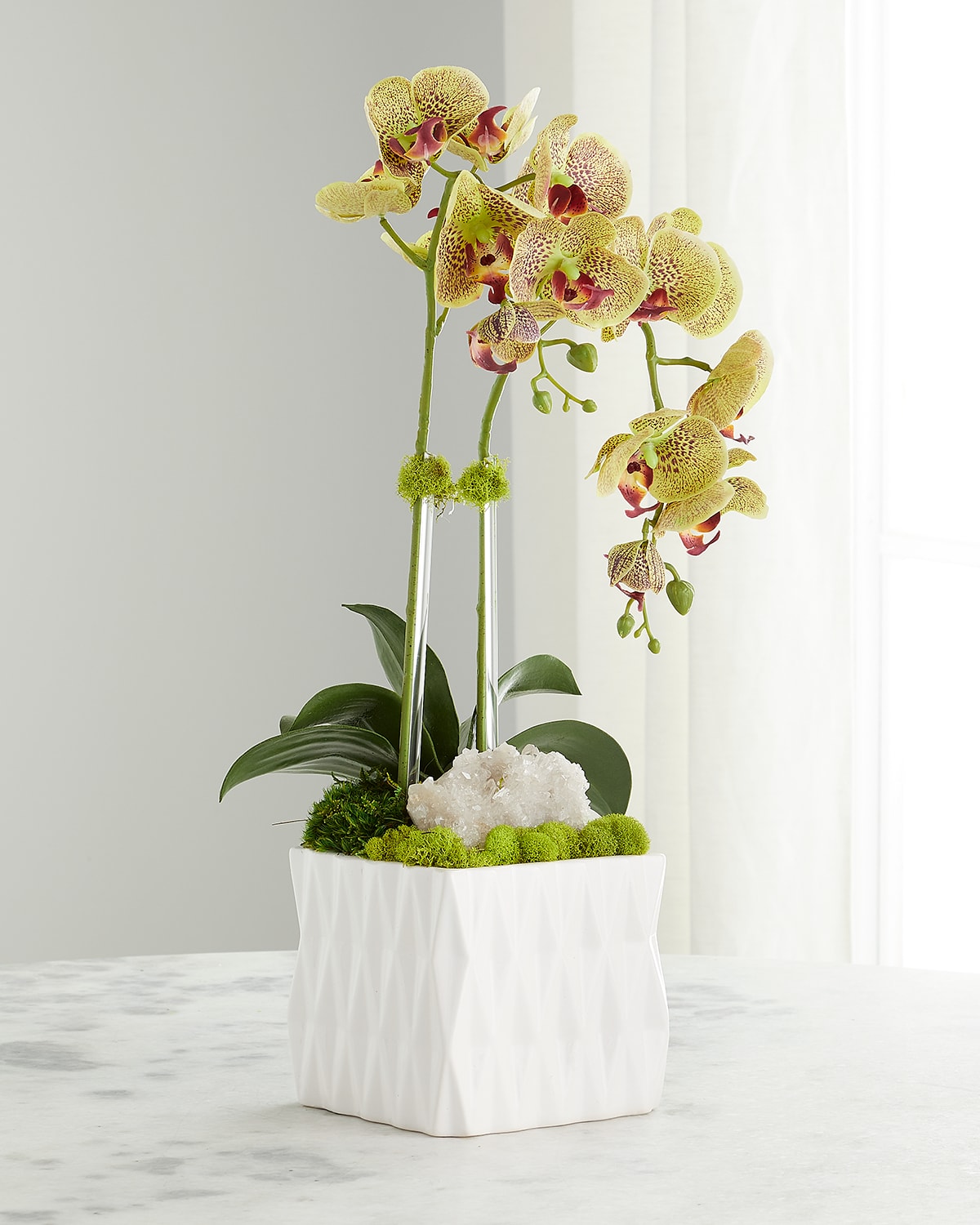 T & C Floral Company Double Orchid Quartz Faux Floral Arrangement In White Ceramic Vase