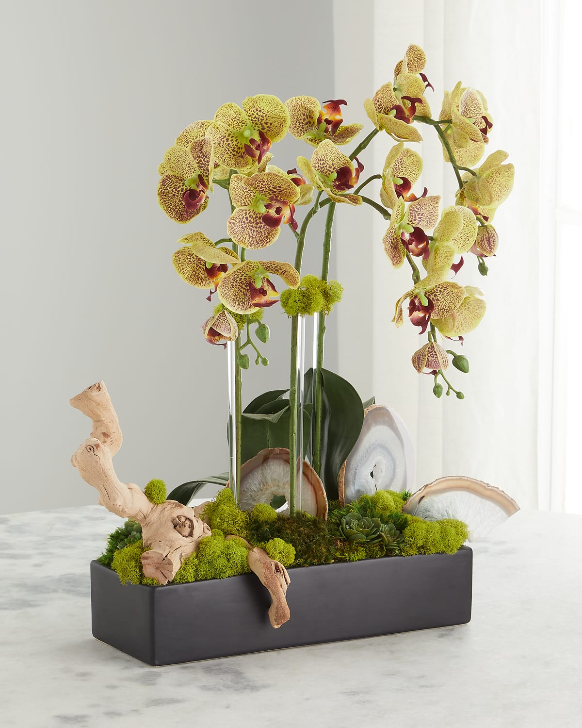 Shop T & C Floral Company Faux Orchids In Rectangular Black Ceramic With Agate Slabs In Green