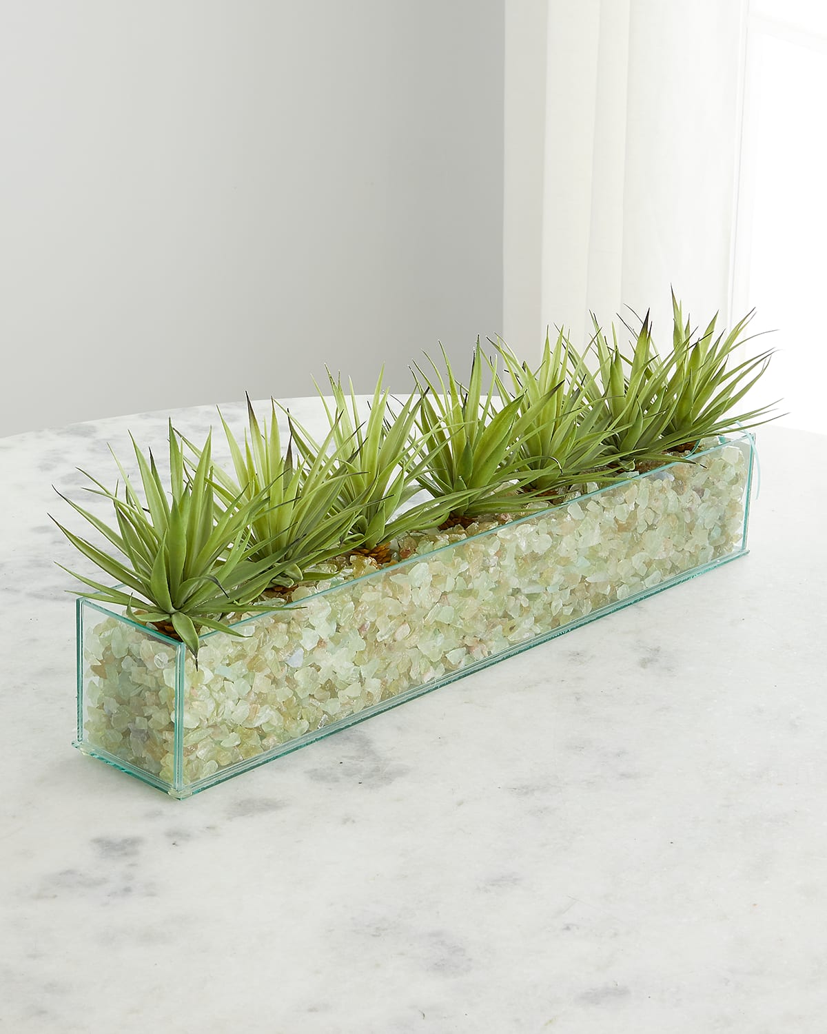 Shop T & C Floral Company Faux Agave In Rectangular Glass Vase With Crushed Green Calcite In Dark Green Agave