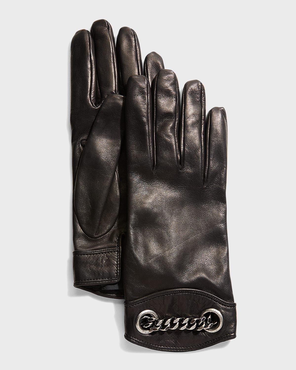Shop Saint Laurent Chain Leather Gloves In Black / Silver