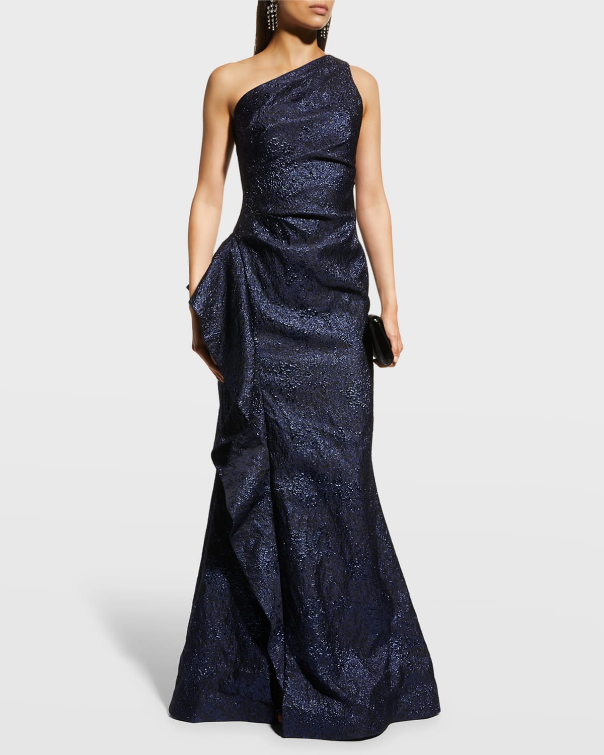 Rickie Freeman For Teri Jon One-shoulder Jacquard Side-ruffle Gown In Gold