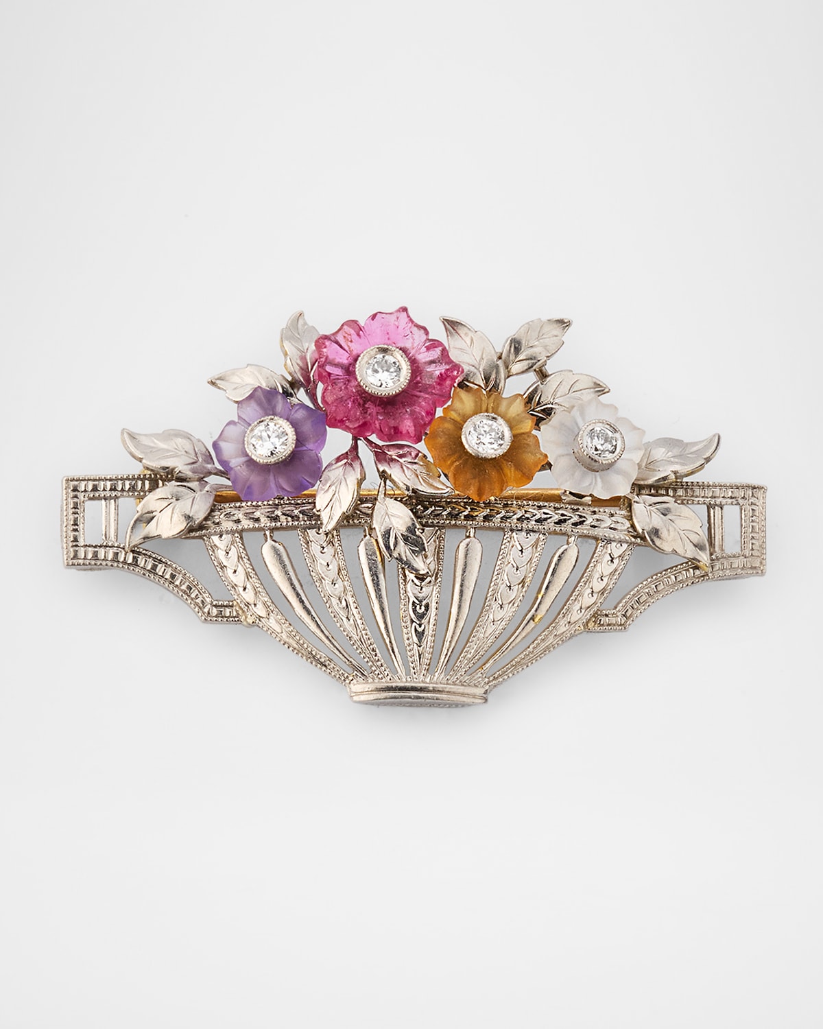 Estate Platinum and 14K Gold Carved Mixed-Stone Flower Basket Brooch with Diamonds