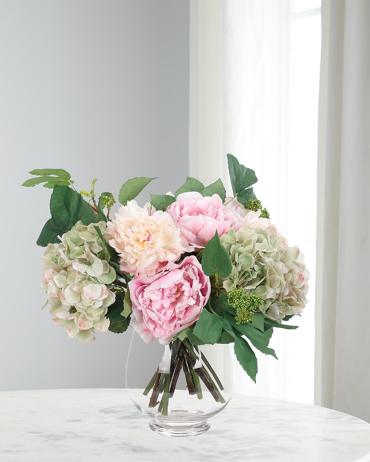Shop Ndi Faux Peony And Hydrangea Arrangement In Glass Planter In Pink