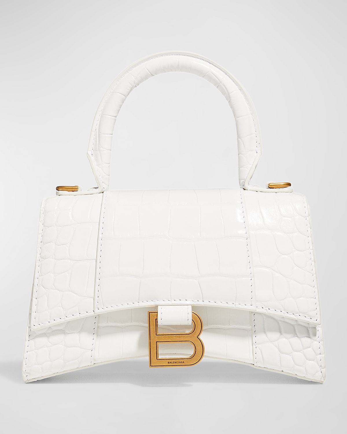 Balenciaga Hourglass Xs Crocodile-embossed Top-handle Bag In Optic White