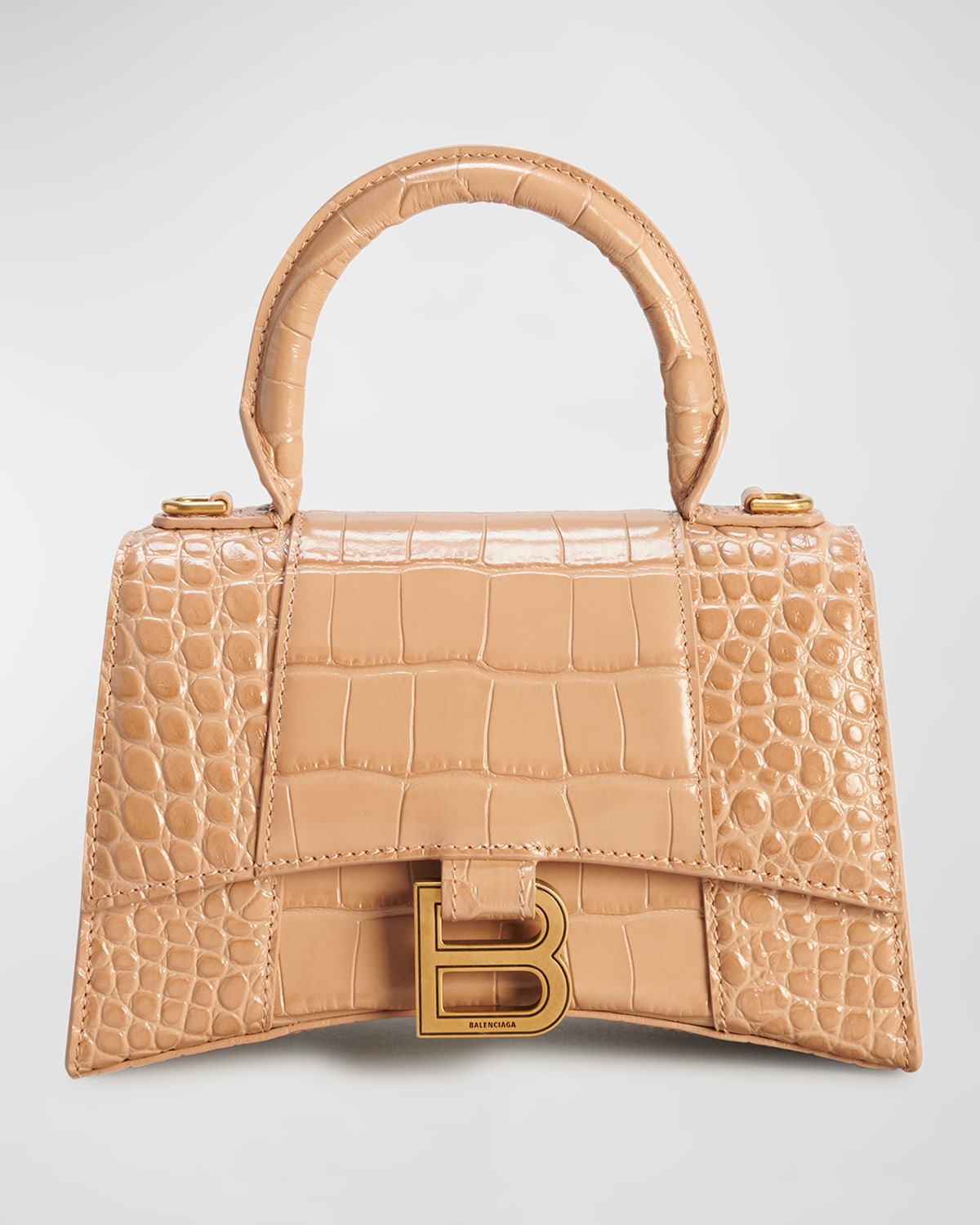 Balenciaga Hourglass Xs Crocodile-embossed Top-handle Bag In Nude Beige