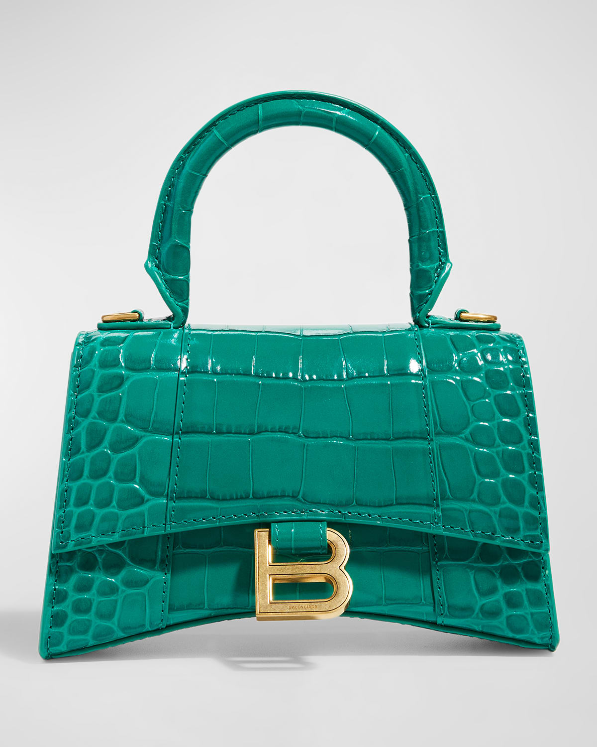 Balenciaga Xs Hourglass Croc-embossed Leather Top Handle Bag In Jade