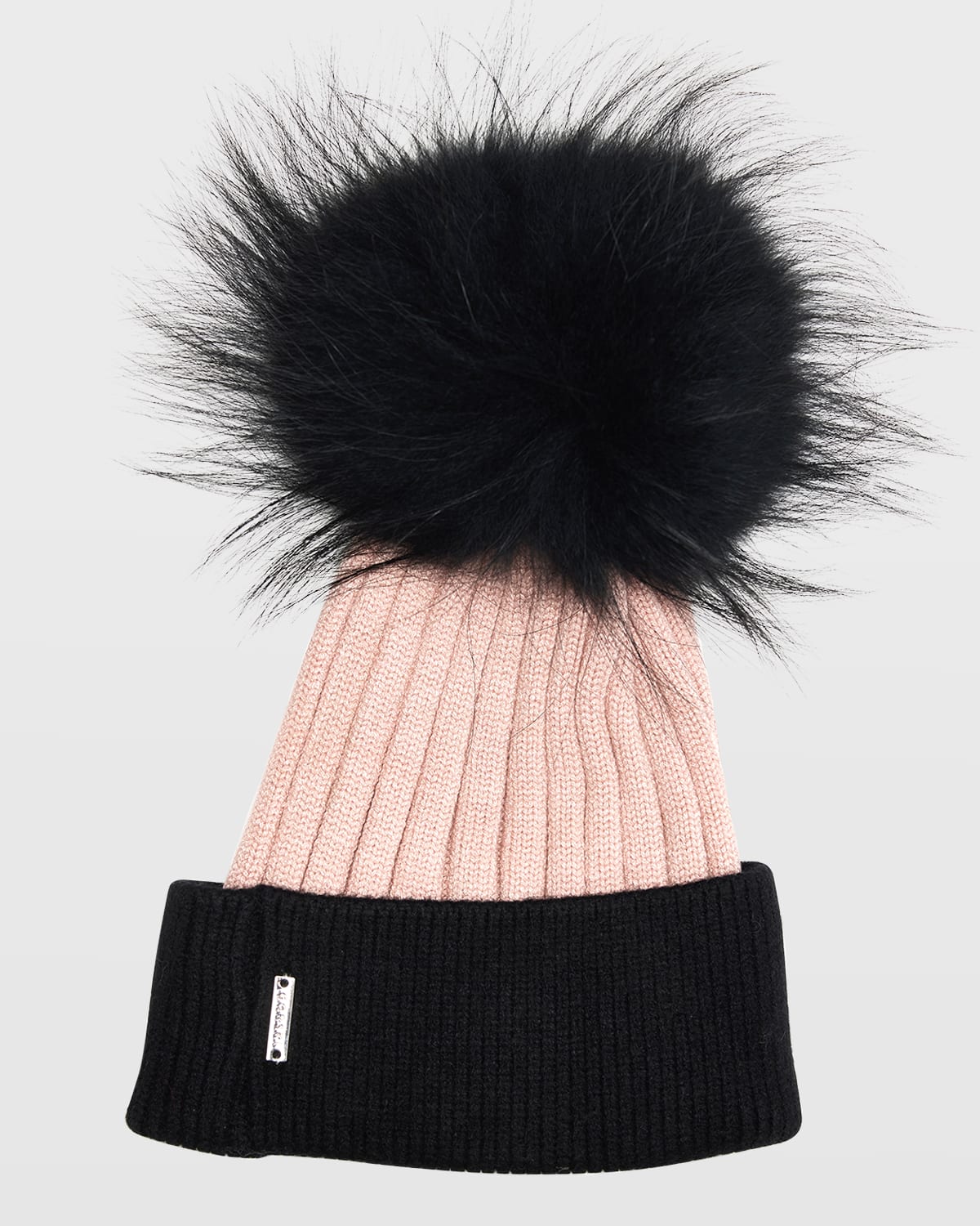 Gorski Two-tone Knit Beanie W/ Fox Pompom In Black/pink