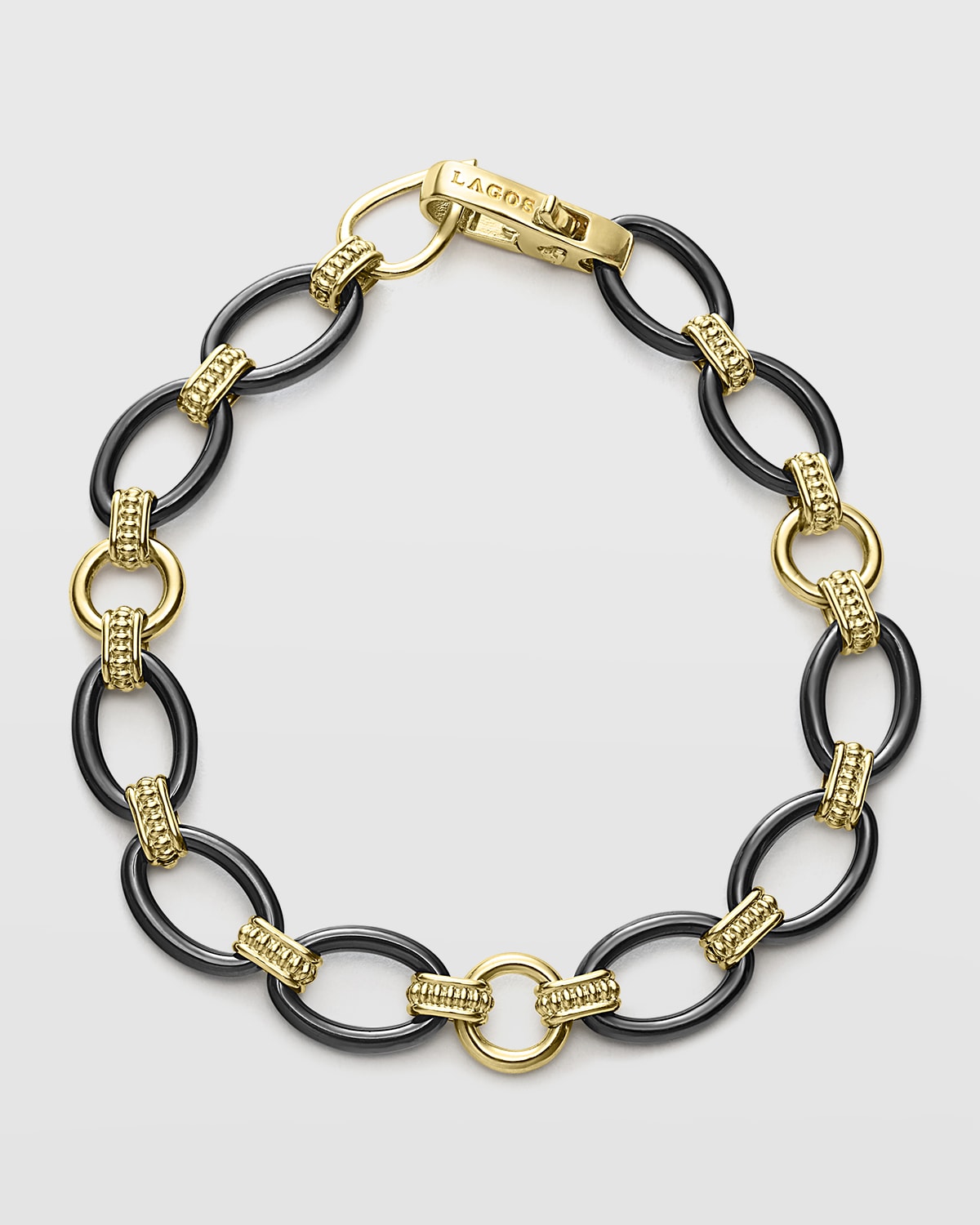 Lagos Meridian 18k Yellow Gold Black Caviar Black Ceramic Oval Link Bracelet - Exclusive In Gold/black