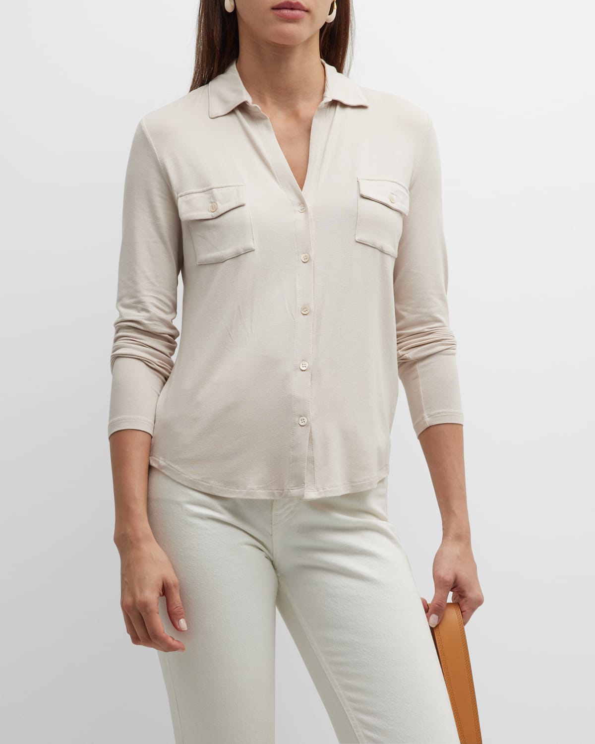 Majestic Soft Touch Button-down Shirt With Pockets In Blanc