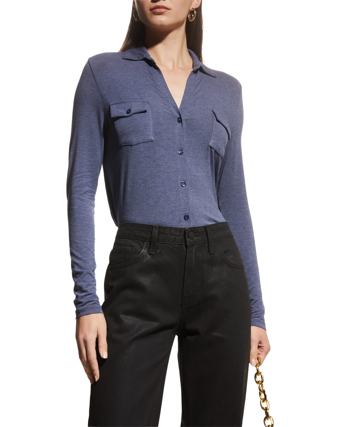 Majestic Soft Touch Button-down Shirt With Pockets In Denim Chine