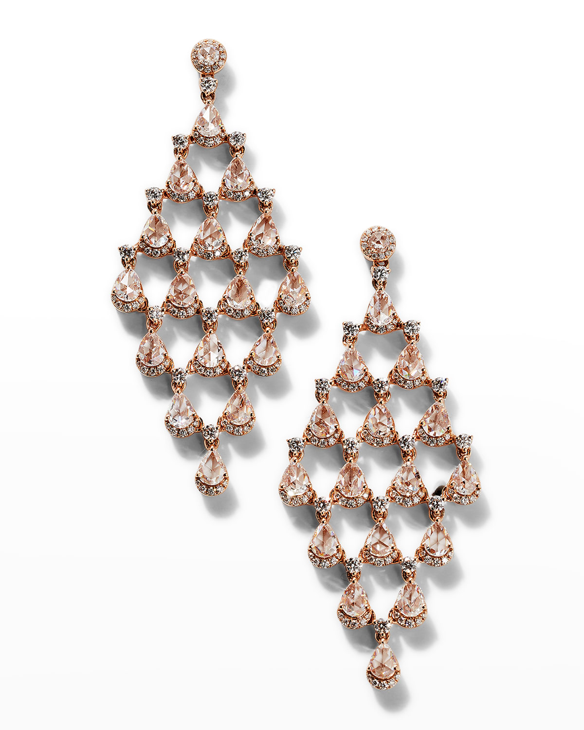 64 Facets Rose Gold Pear And Round Diamond Chandelier Earrings