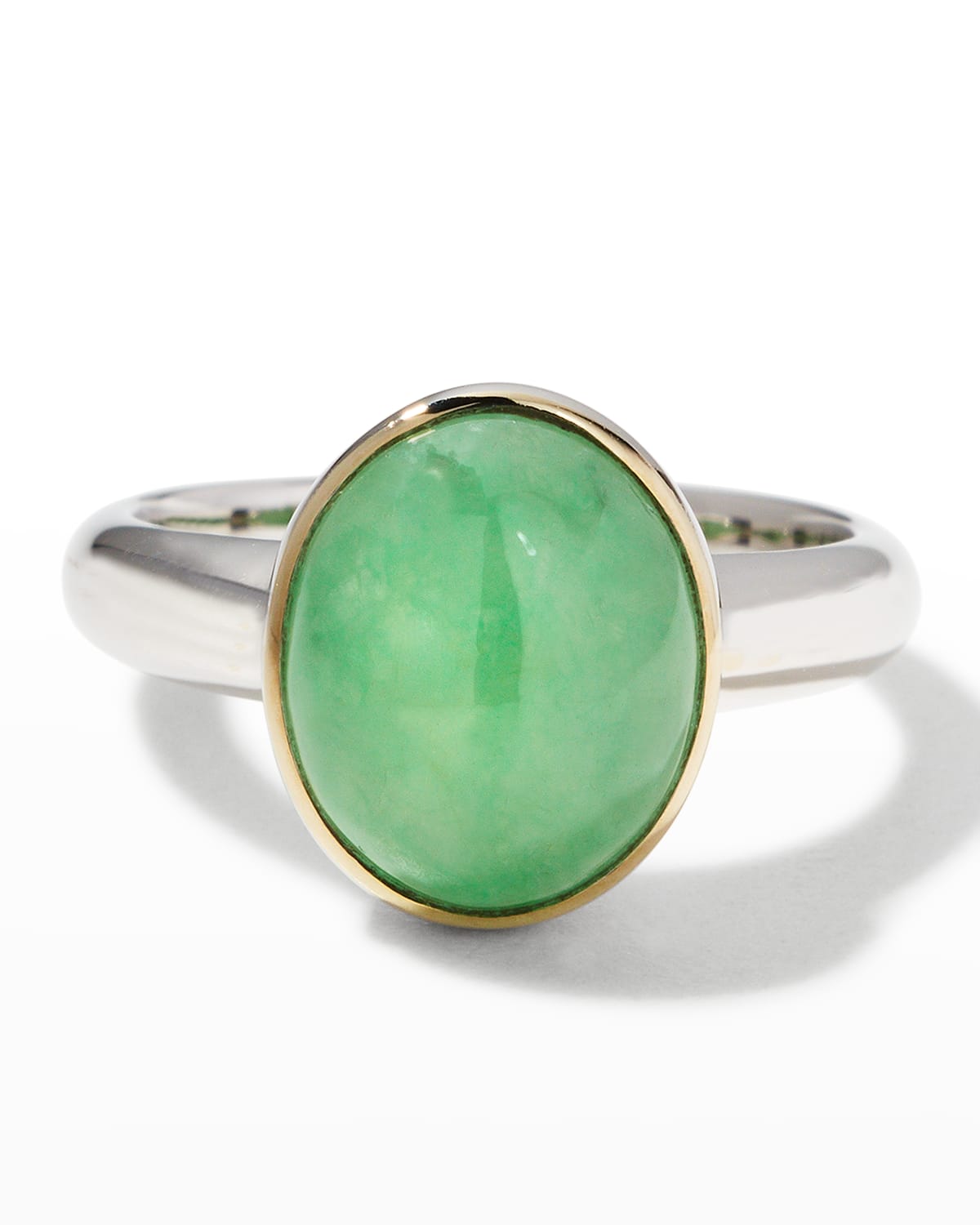 David C.A. Lin 18k White Gold Green Jadeite Oval Dome Ring, Size 6.5