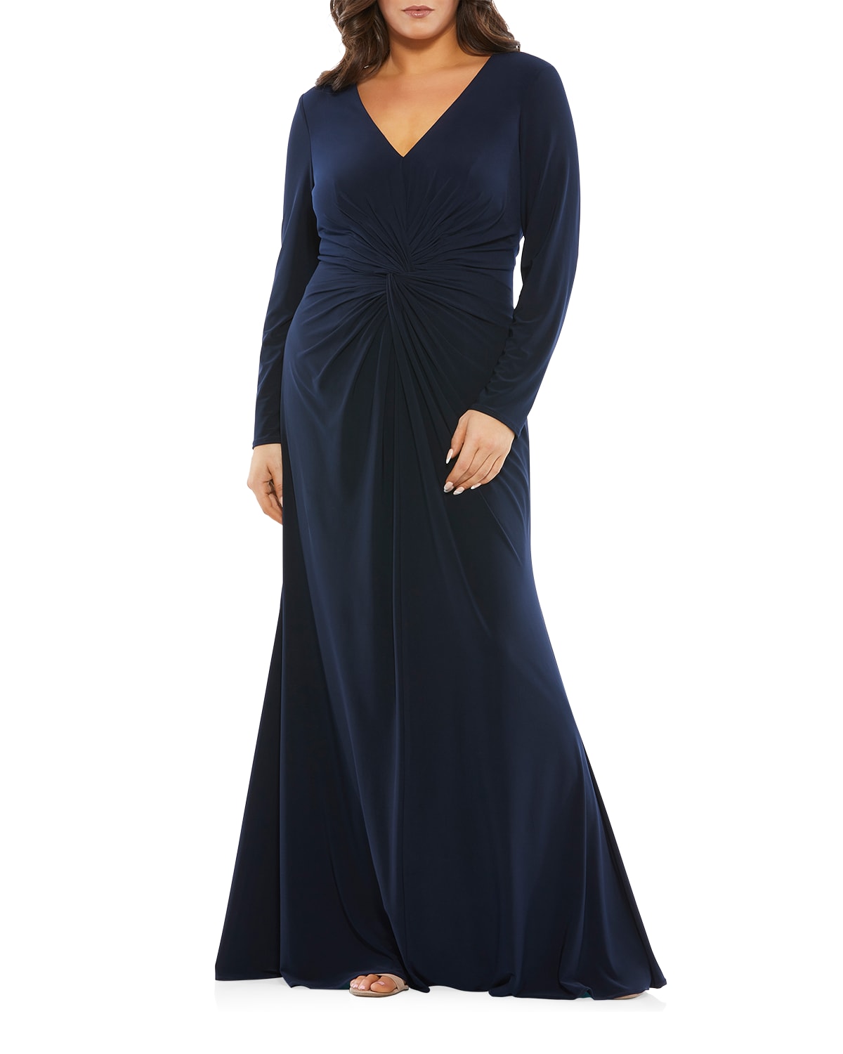 Mac Duggal Plus Size Long-Sleeve Jersey Twist Gown