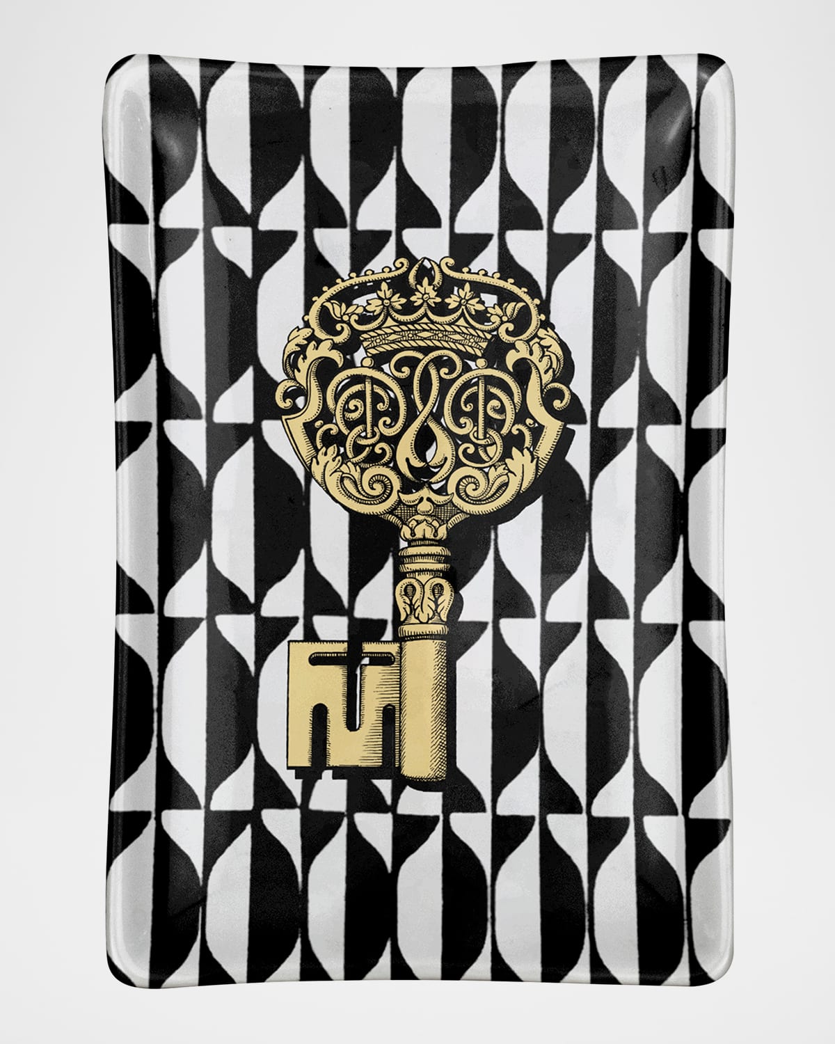 Fornasetti Rectangular Ashtray Chiavi Gold & Losanghe In Black/white