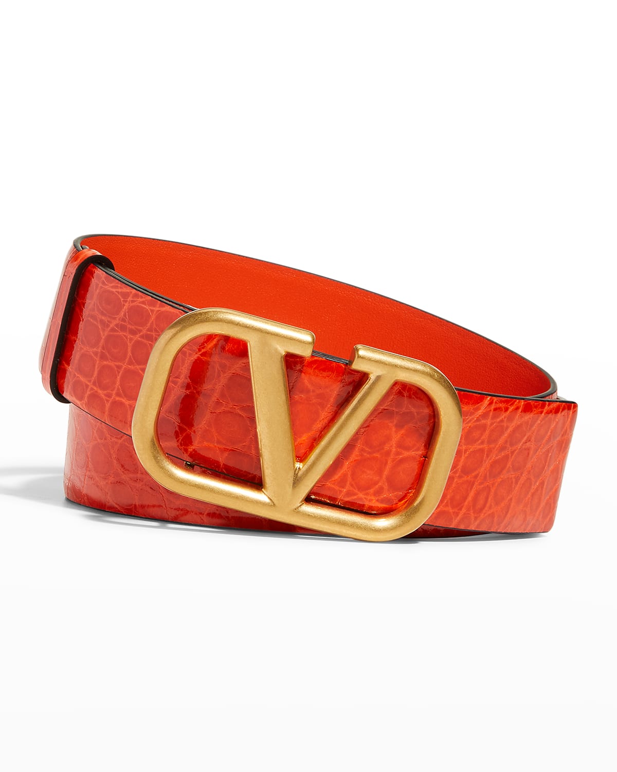 Valentino Garavani Vlogo Crocodile & Brass Belt In Orange