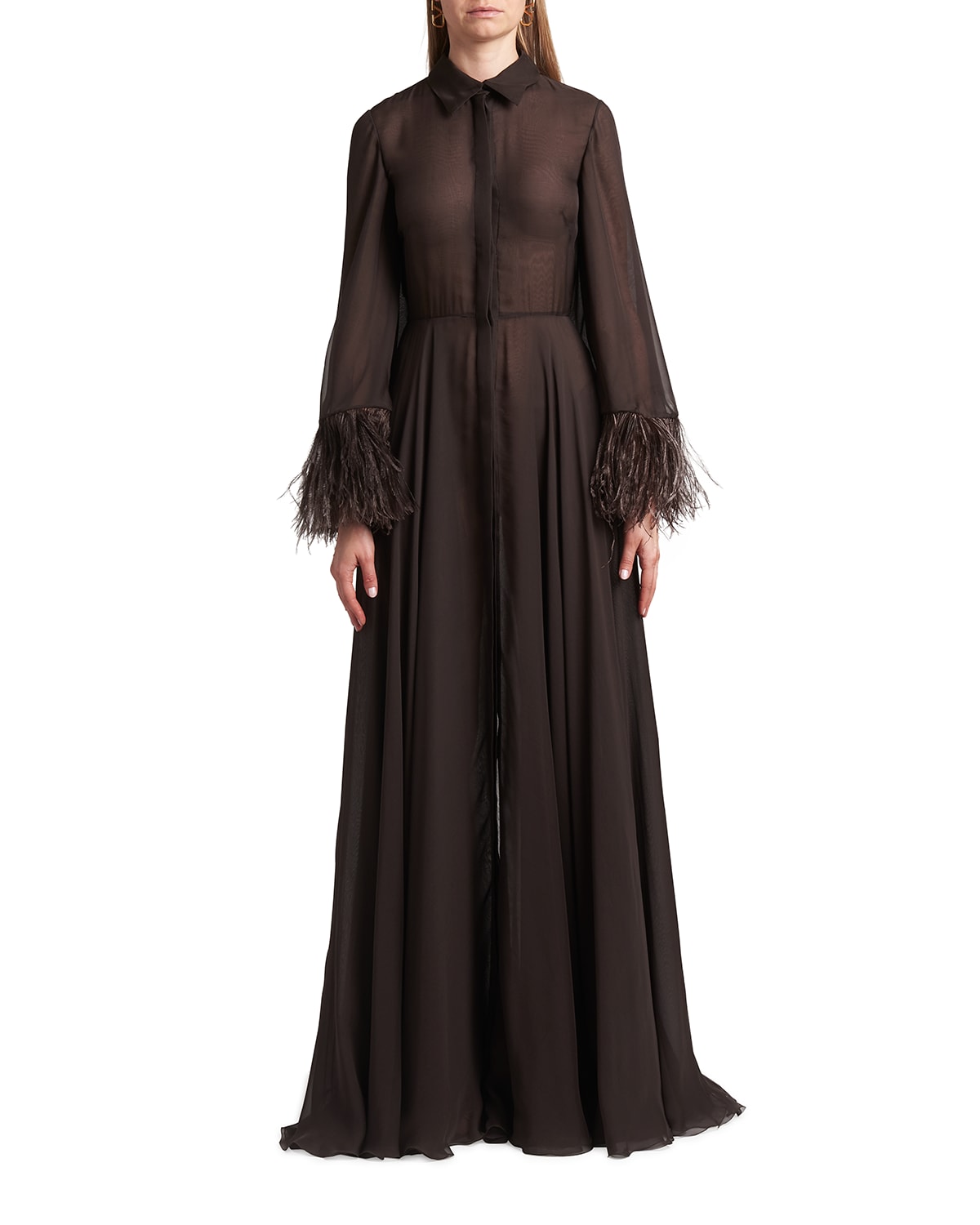 Flare-Sleeve Sheer Silk Gown w/ Feather Trim