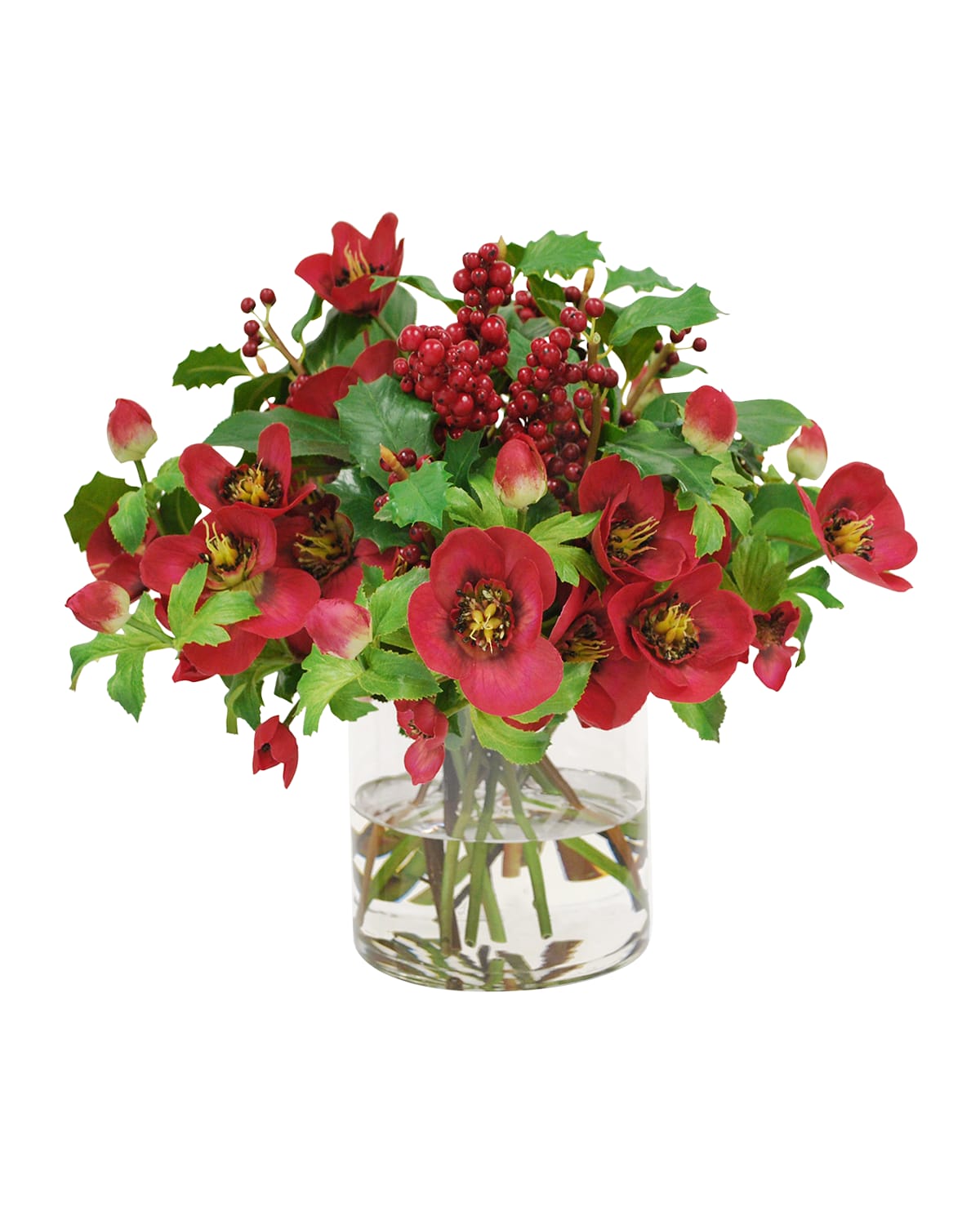 Shop Winward Home Faux Hellebores Rose Floral Arrangement In Glass Vase In Red