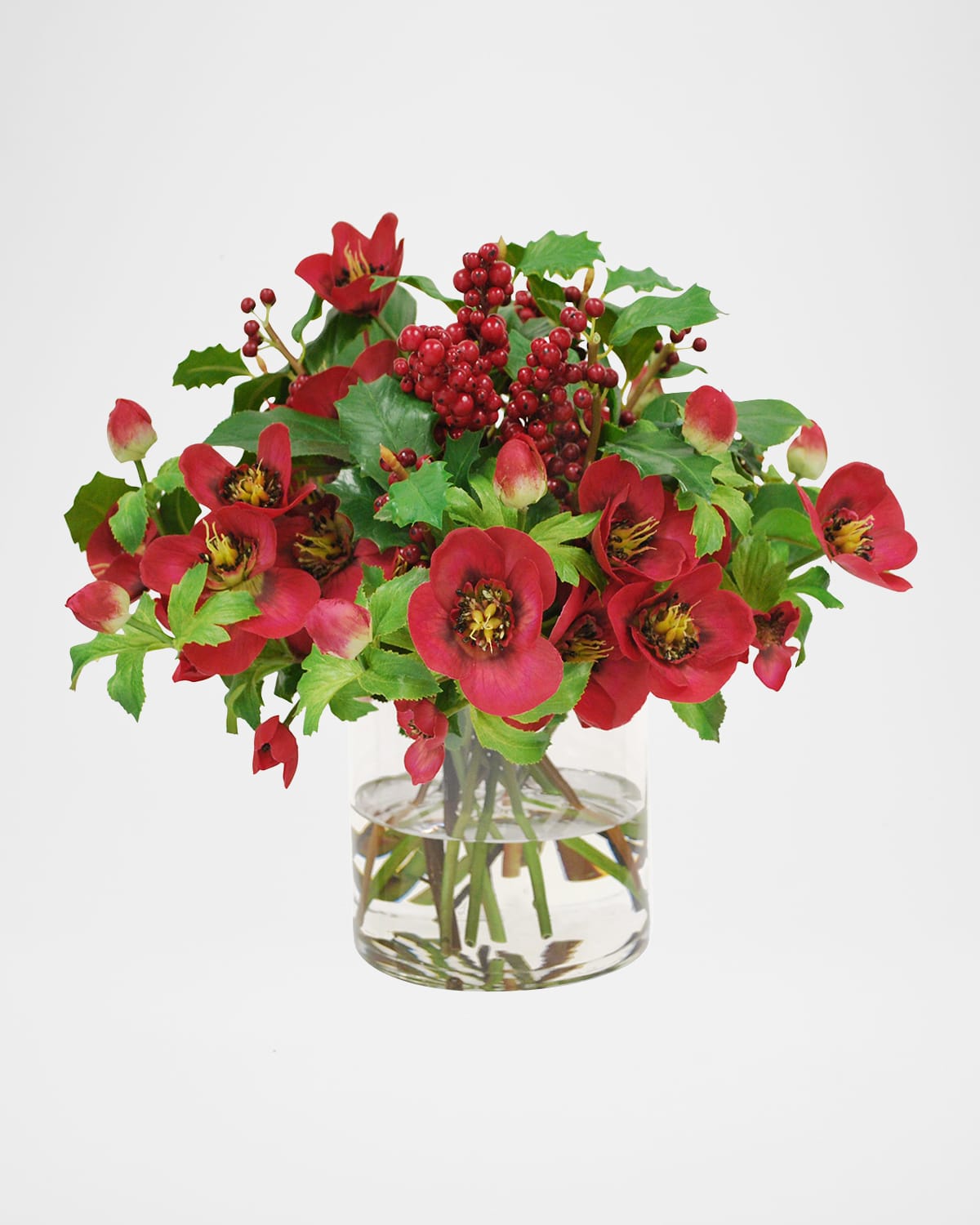 Winward Home Faux Hellebores Rose Floral Arrangement In Glass Vase In Red