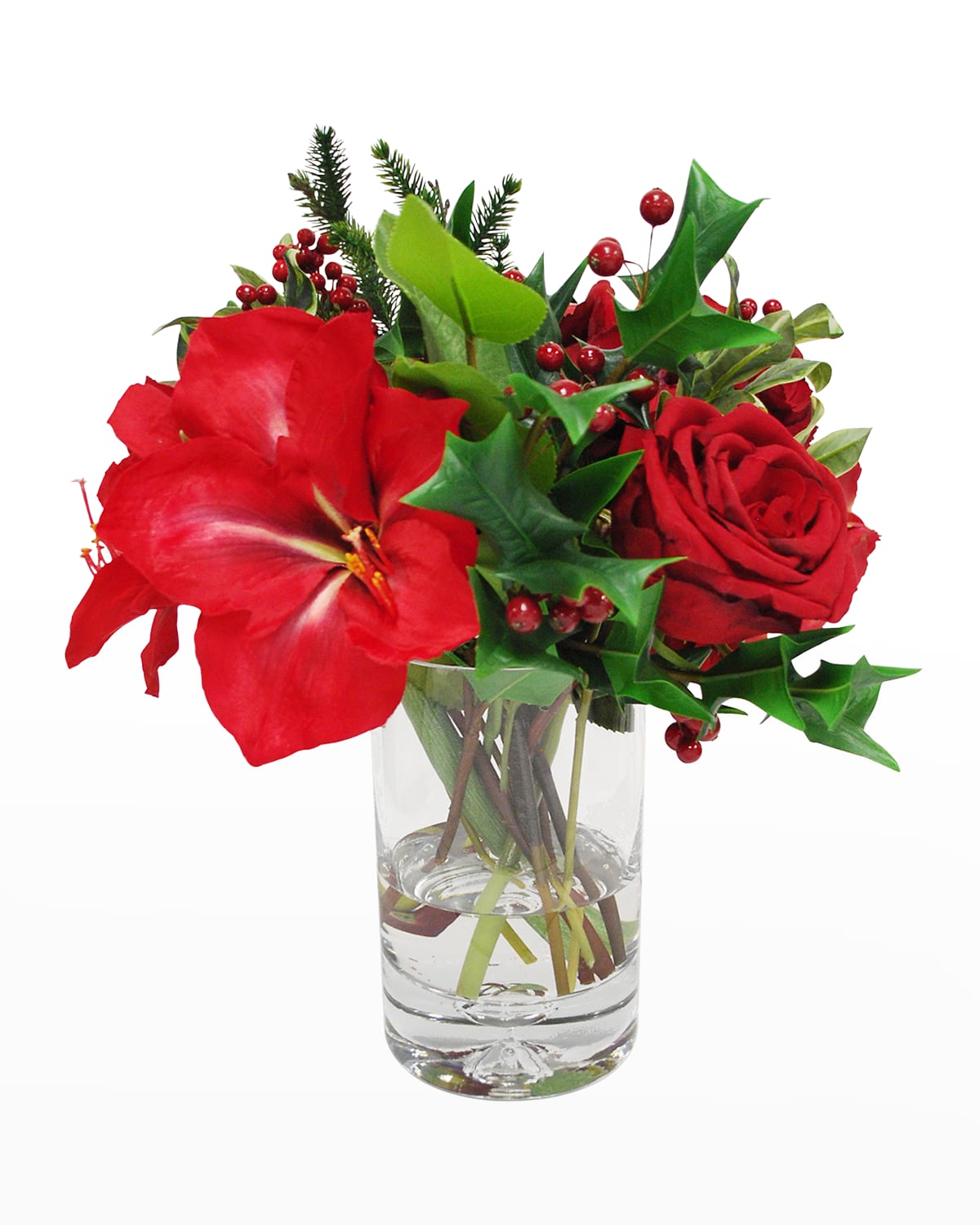 Winward Home Faux Amaryllis Rose Arrangement In Glass Vase In Red/green