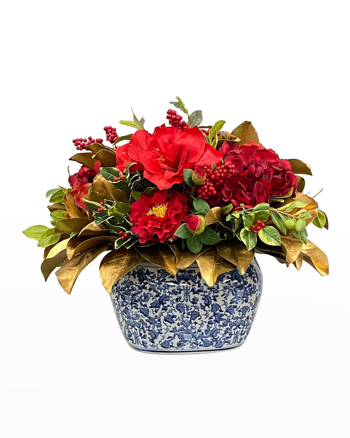 Shop Winward Home Faux Amaryllis Holly Floral Arrangement In Planter In Red/green
