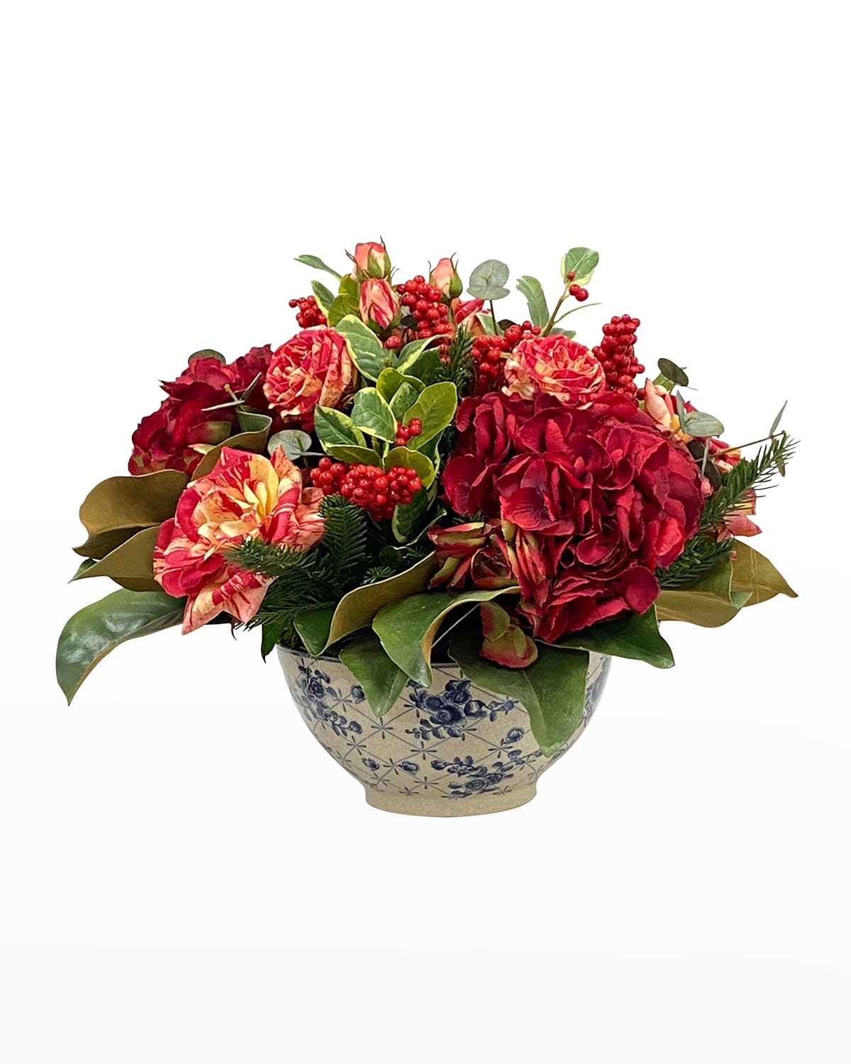 Winward Home Faux Rose Berry Floral Arrangement In Bowl In Red/green