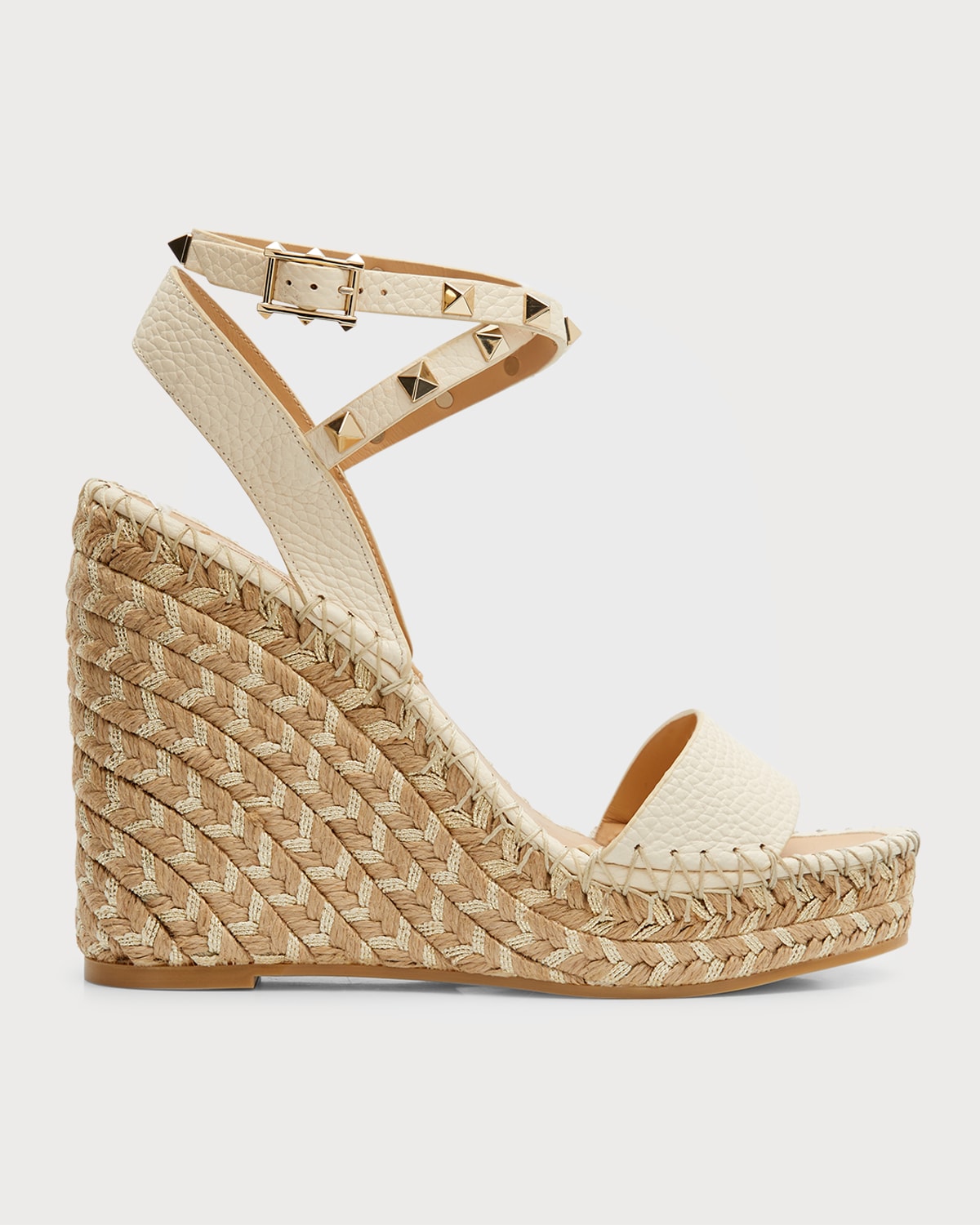 Valentino Rockstud 125 Grainy Leather Wedge Espadrille In Light Ivory