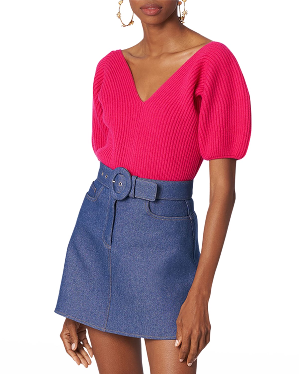 Puff-Sleeve Ribbed Cashmere Top