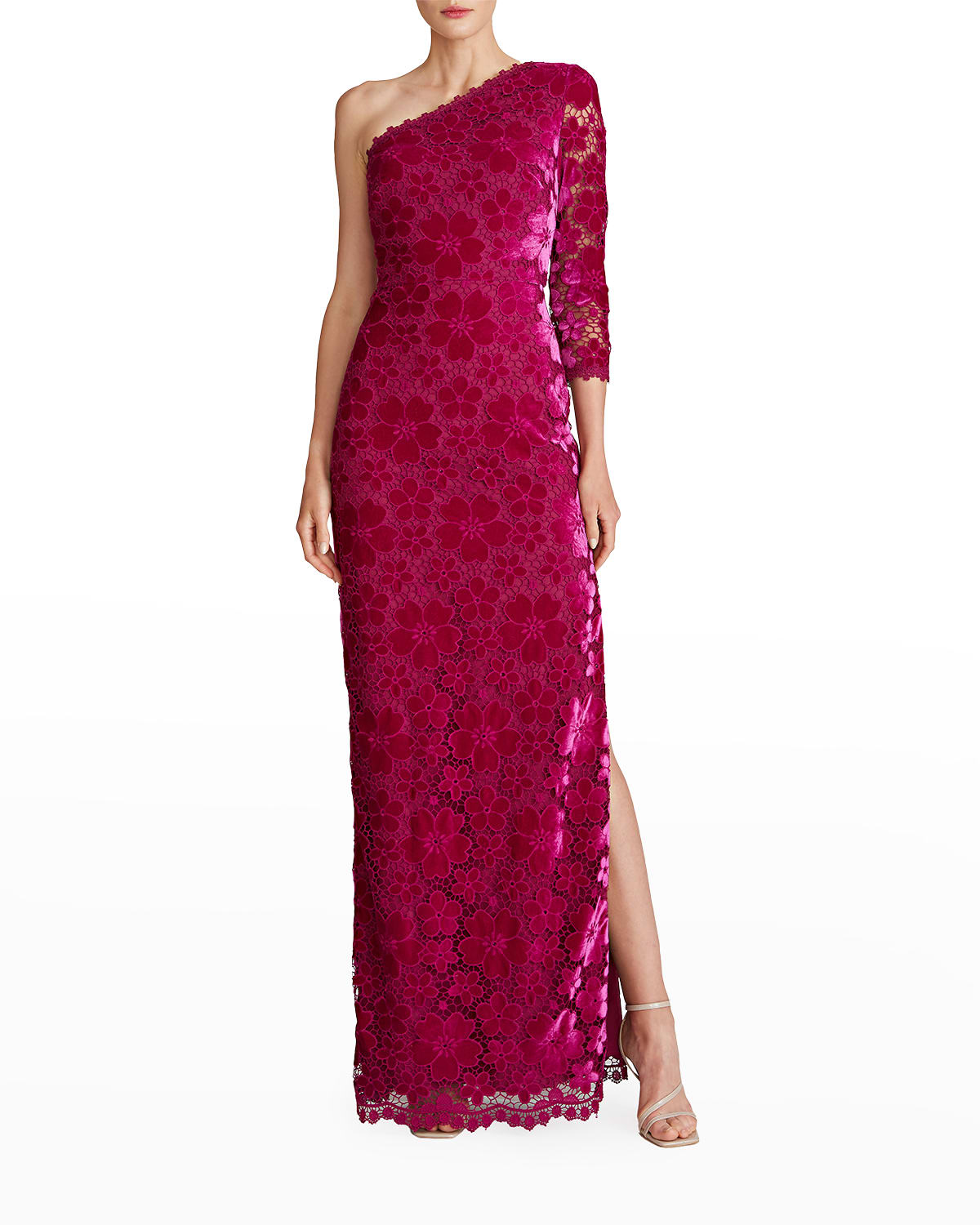 Theia Simone One-Sleeve Velvet Floral Lace Gown | Smart Closet