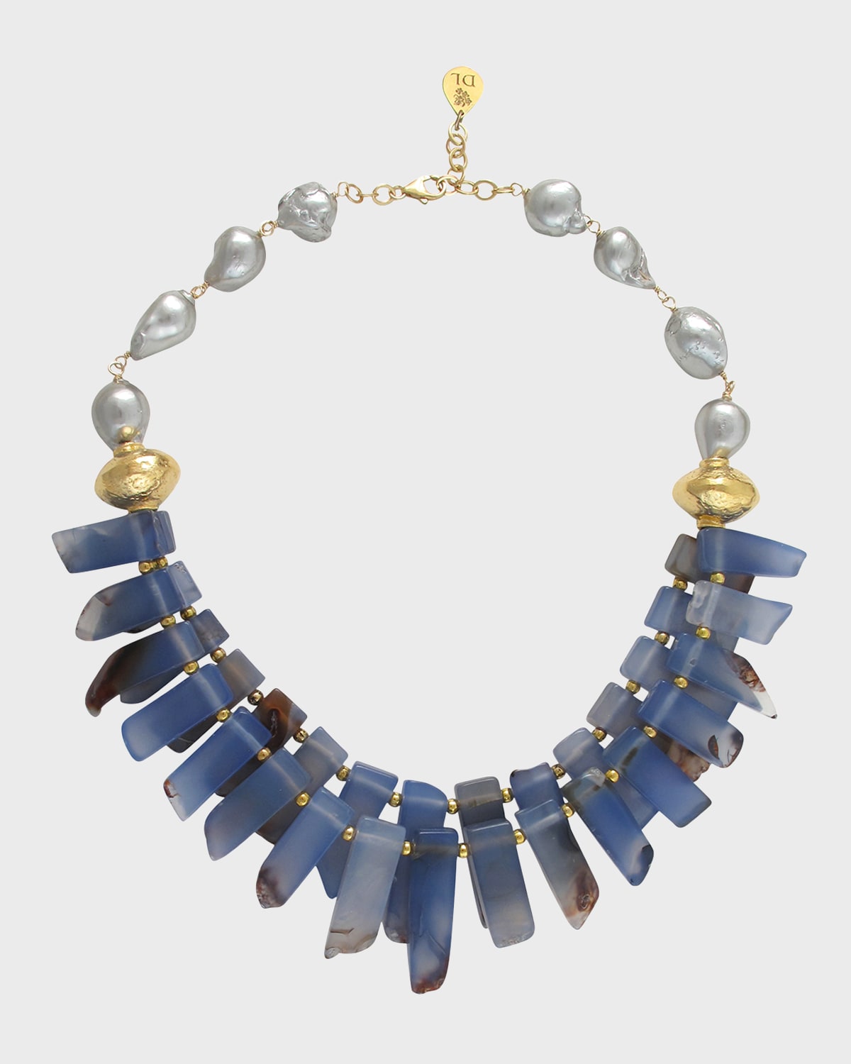 Devon Leigh Blue Agate Slab, Gray Pearl and Gold Accent Necklace