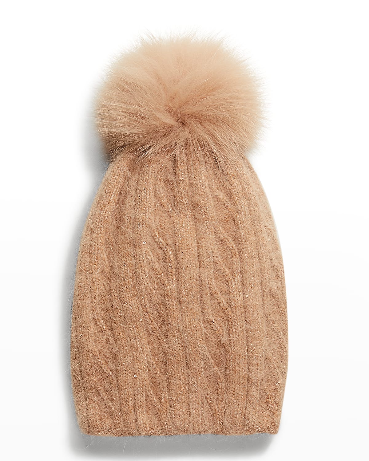 Adrienne Landau Knit Beanie W/ Fur Pompom In Beige