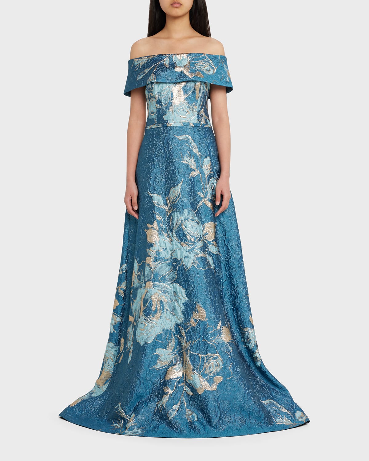 Rickie Freeman For Teri Jon Off-shoulder Metallic Flower Jacquard Gown In Peacock Go