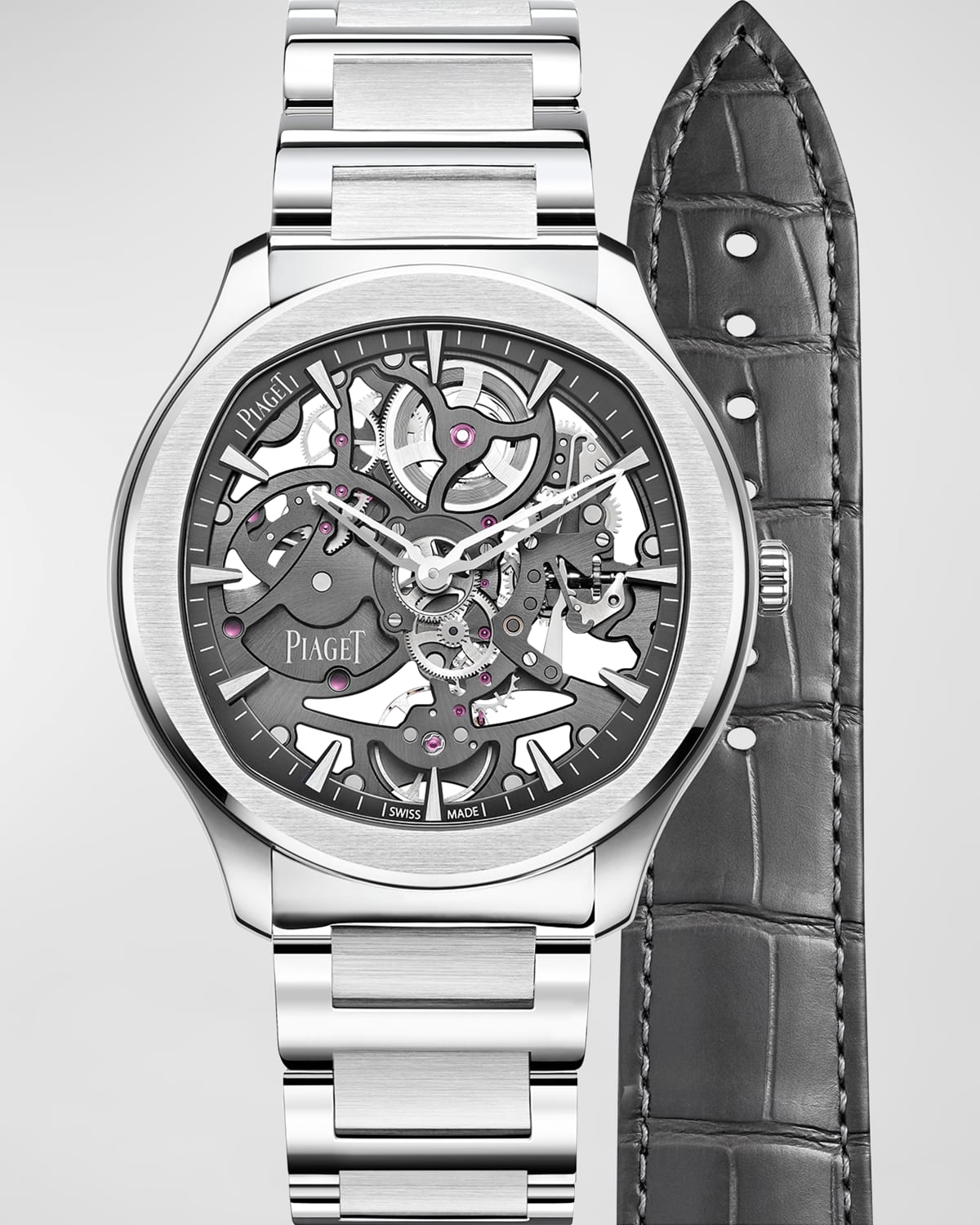 PIAGET POLO 42MM STAINLESS STEEL GREY SKELETON WATCH
