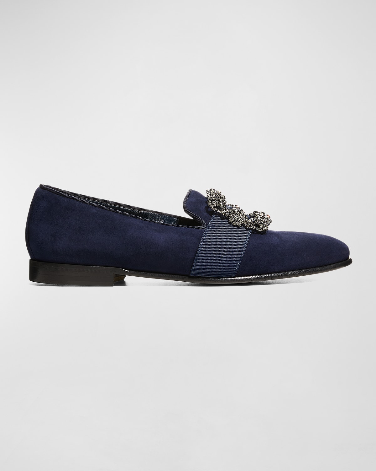 Manolo Blahnik Carlton Crystal-embellished Grosgrain-trimmed Suede Loafers In Navy