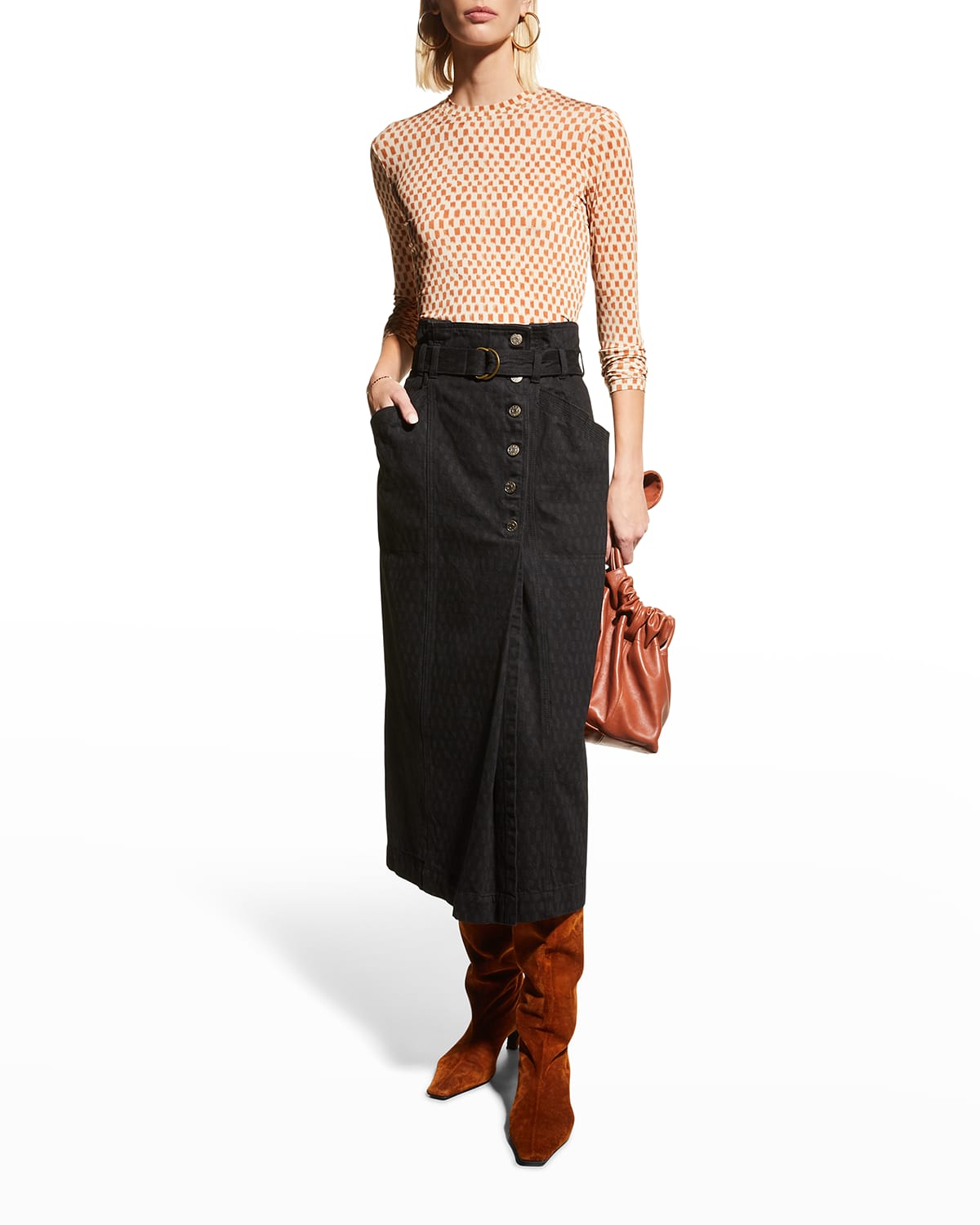 Ulla Johnson Ryan Belted Denim Midi Wrap Skirt In Ink Painted Check Modesens