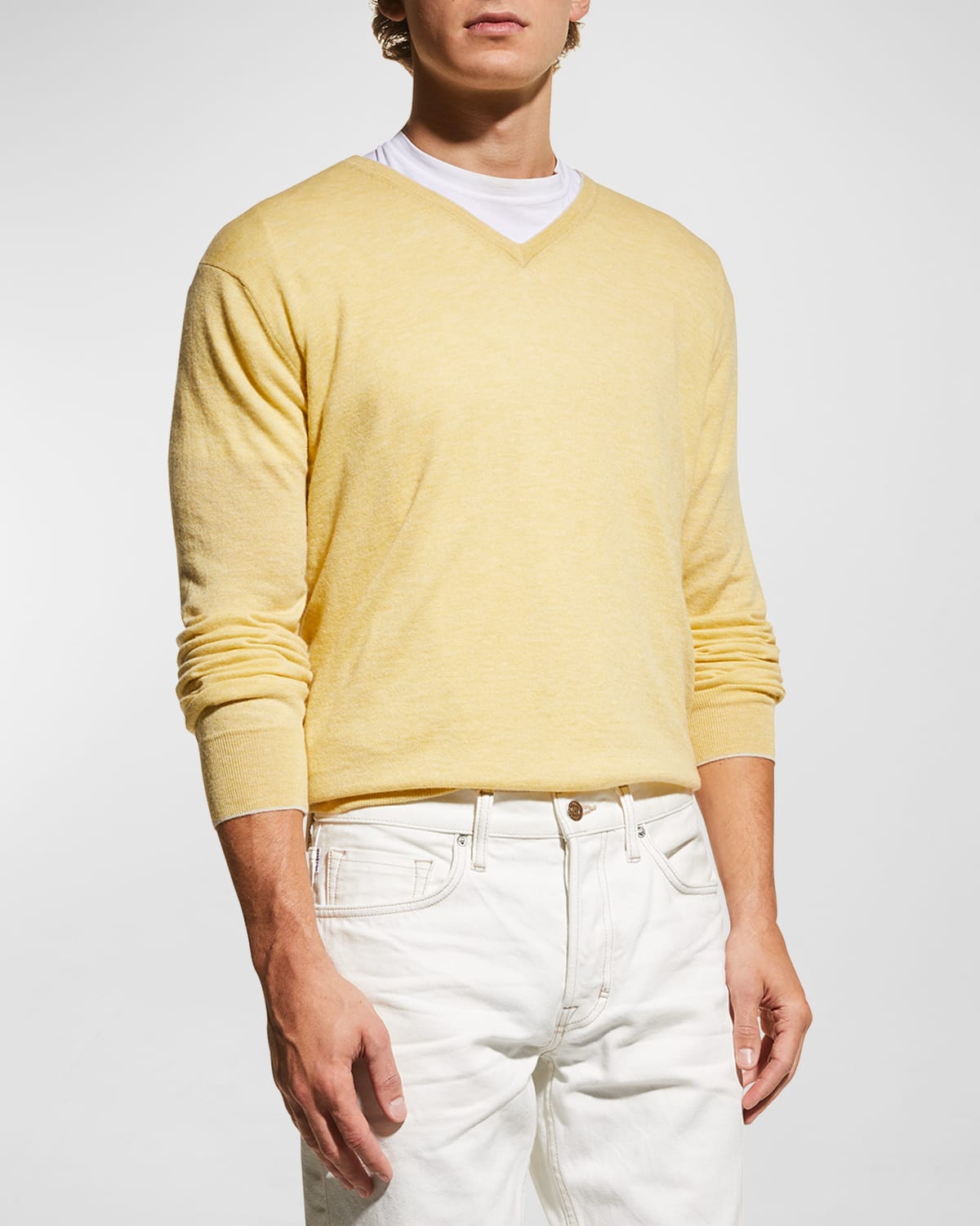 Neiman Marcus Men's Extra Lightweight Wool-cashmere V-neck Jumper In Yellow