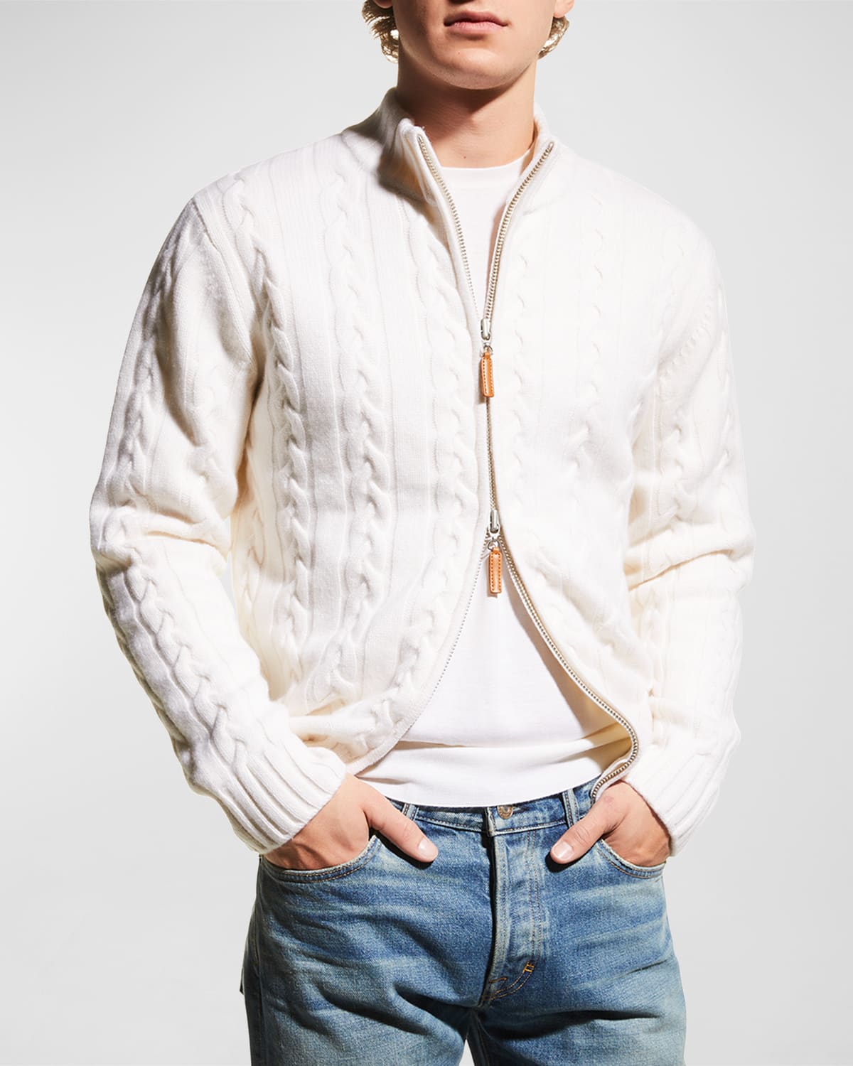 Men's Merino Wool-Cashmere Full-Zip Cable Sweater