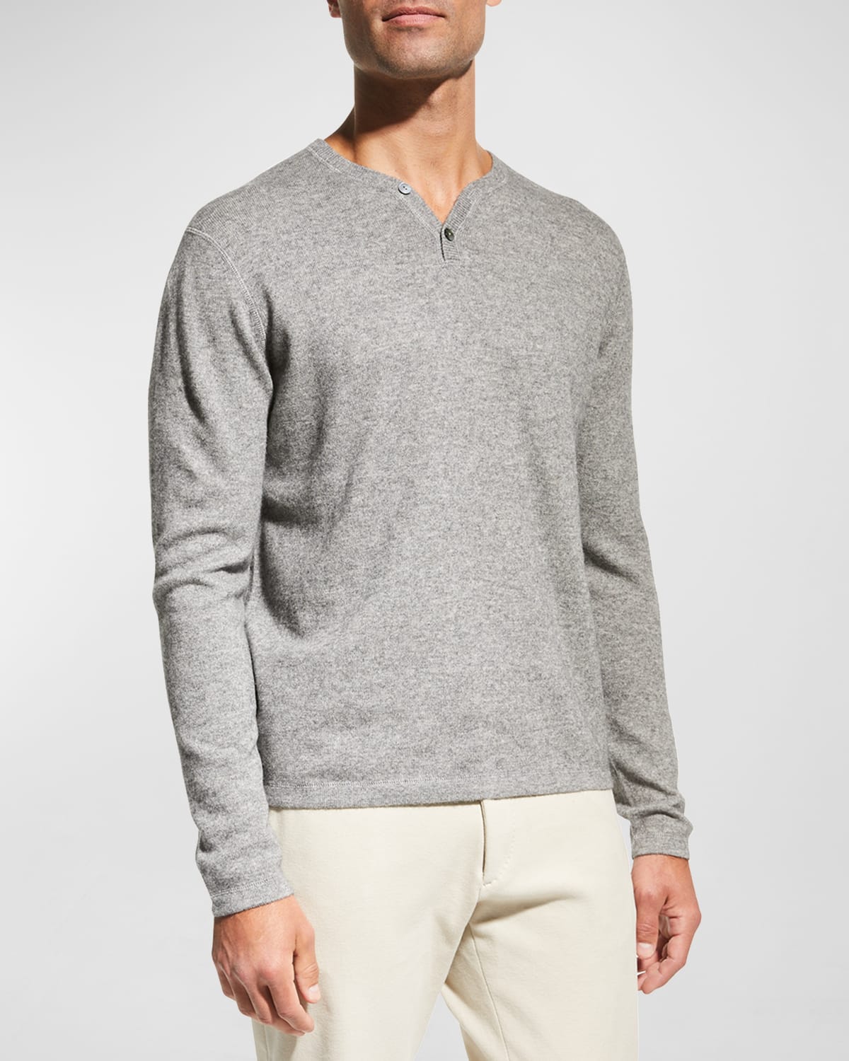Neiman Marcus Men's Wool-cashmere Henley Sweater In Lt Grey