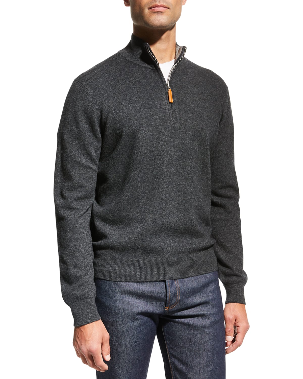 Neiman Marcus Men's Wool-cashmere 1/4-zip Sweater In Dk Grey