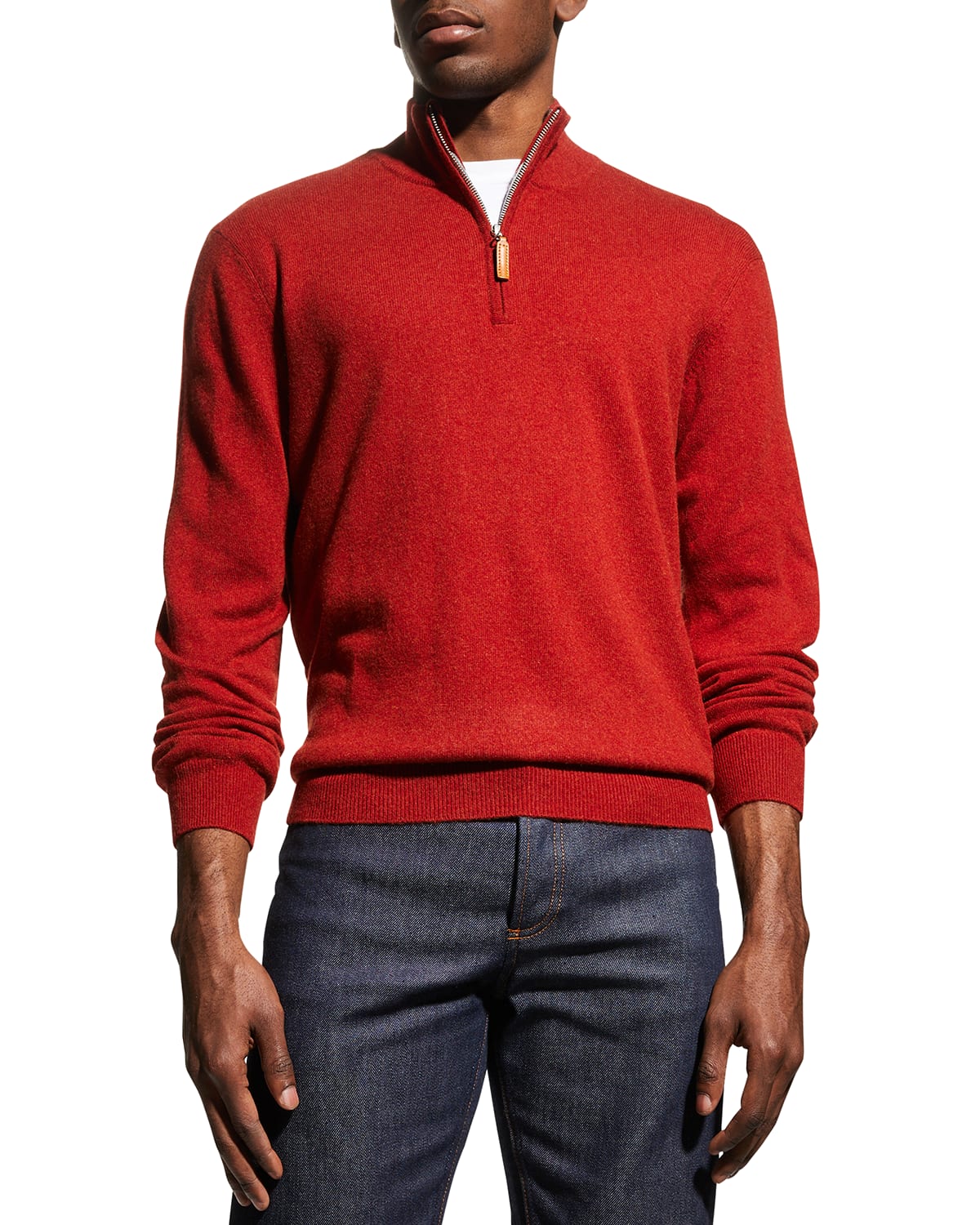 Neiman Marcus Men's Wool-cashmere 1/4-zip Sweater In Orange