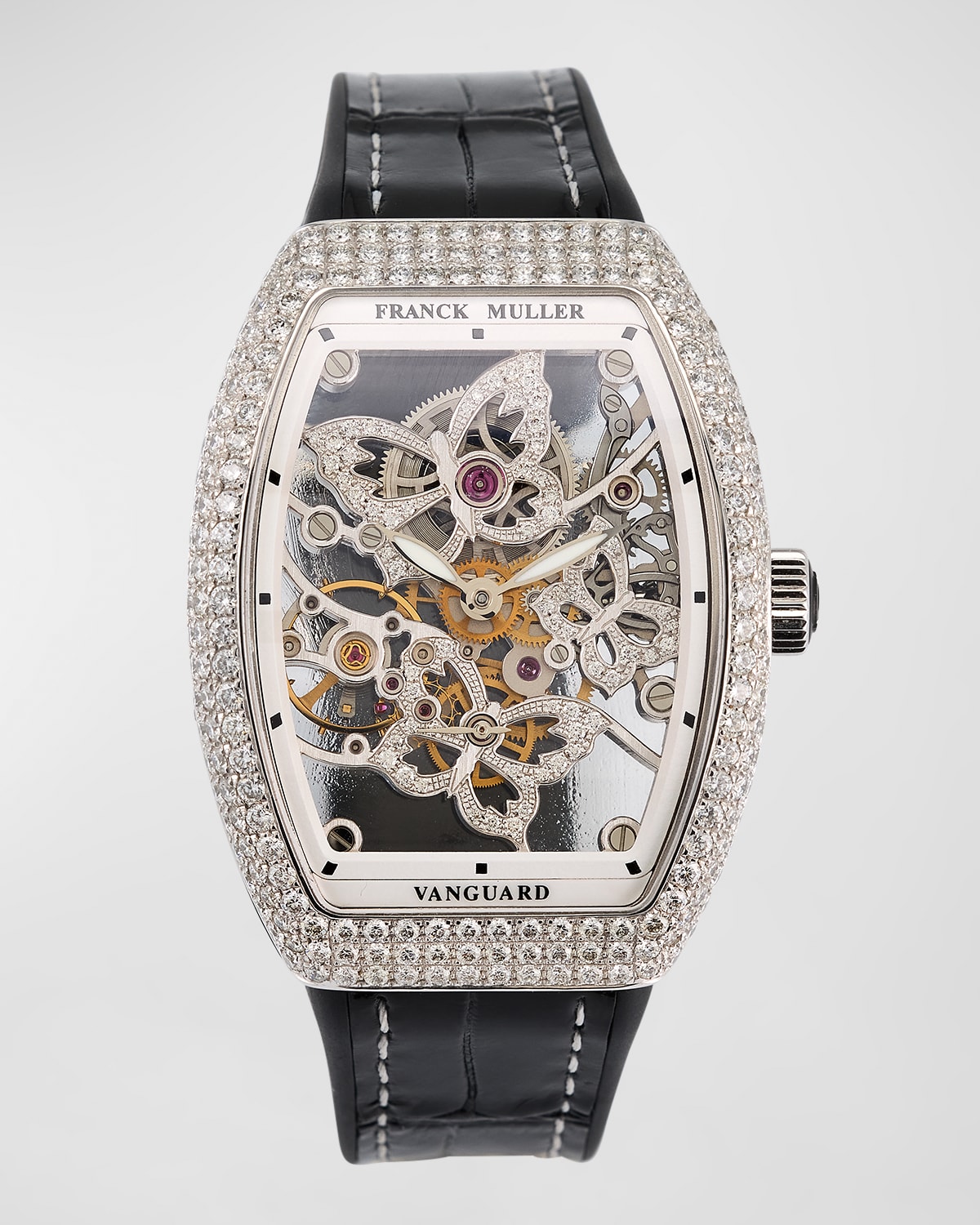 Butterfly Diamond Skeleton 18K White Gold Watch Black Strap