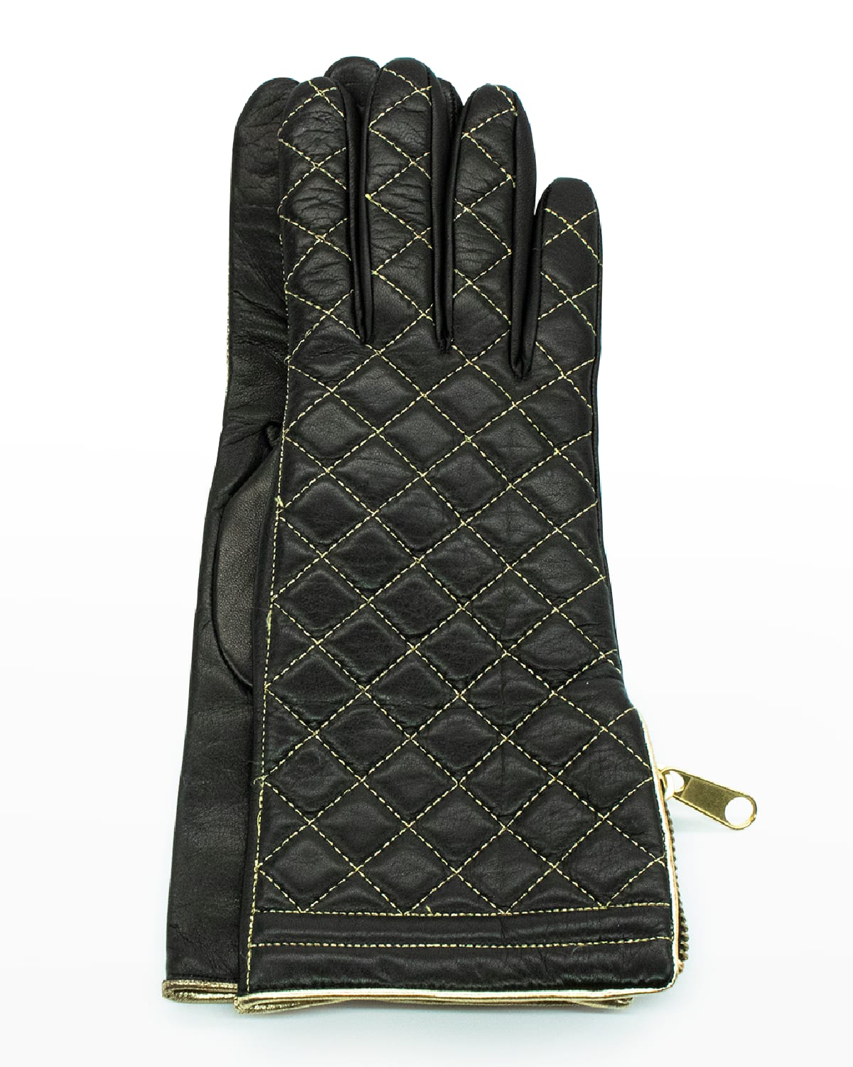 Portolano Diamond Quilted Cashmere-lined Zip Gloves In Black / Gold