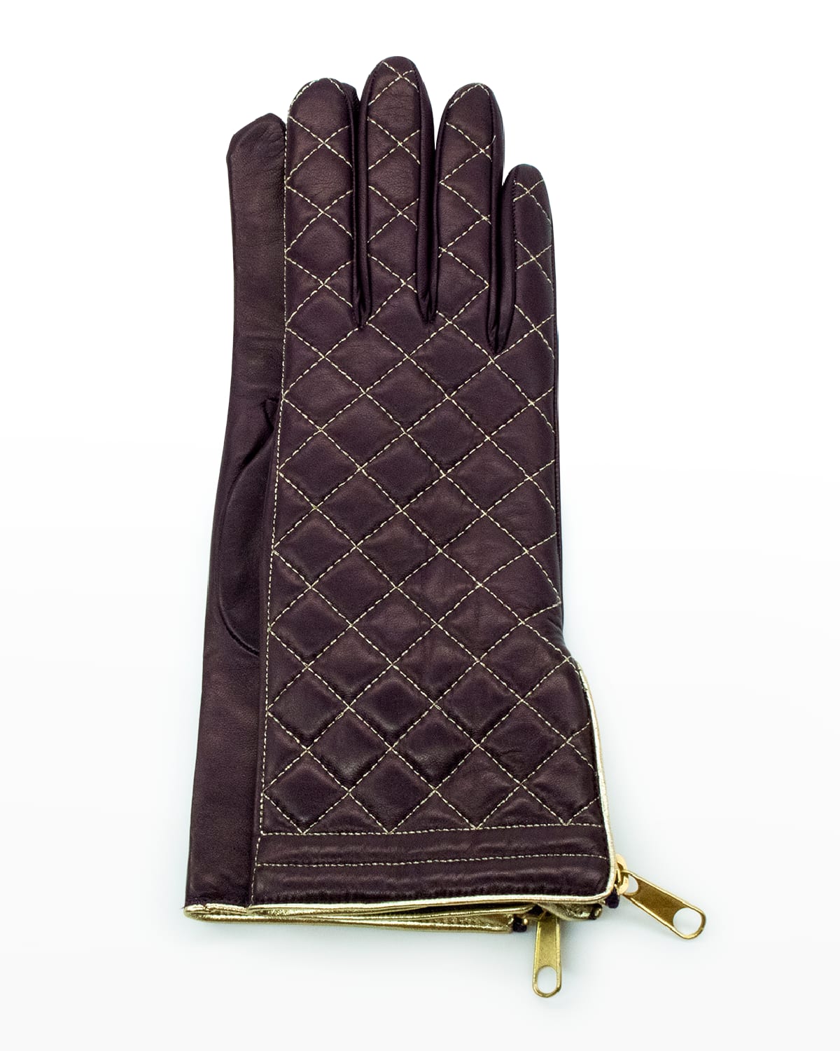 Shop Portolano Diamond Quilted Cashmere-lined Zip Gloves In Dk Currant/gold