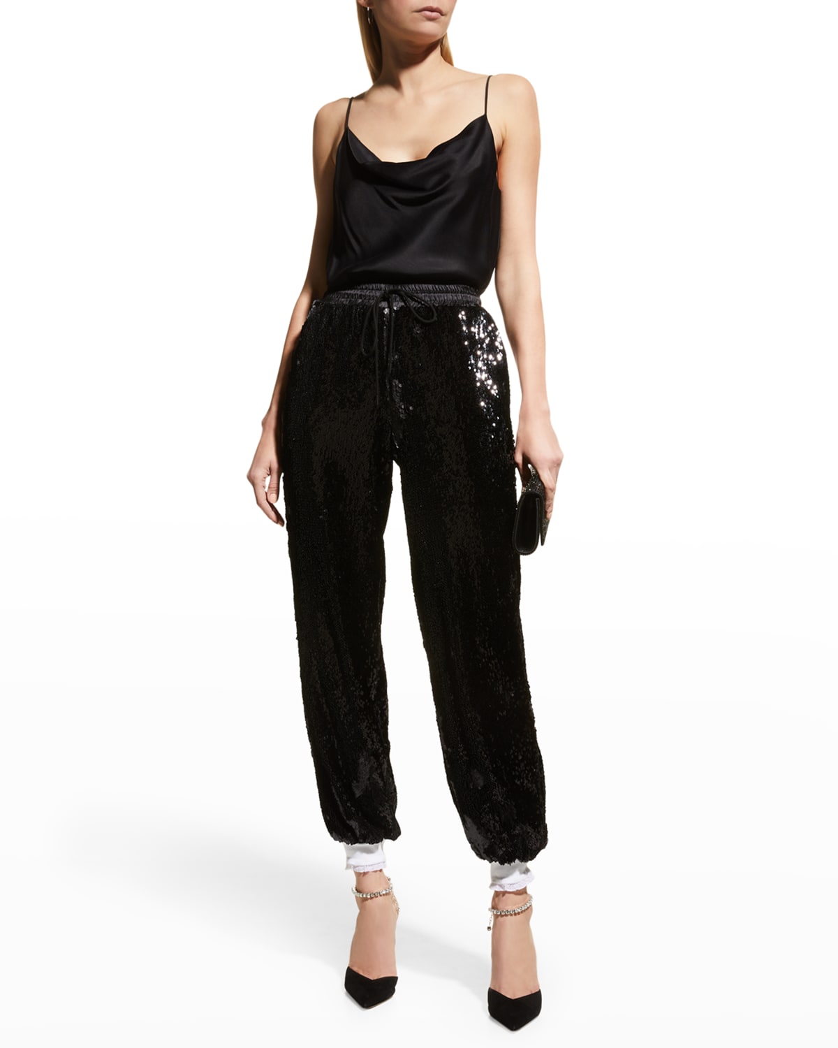 RODARTE SEQUIN-EMBELLISHED DRAWSTRING TRACK PANTS WITH RUFFLE CUFF