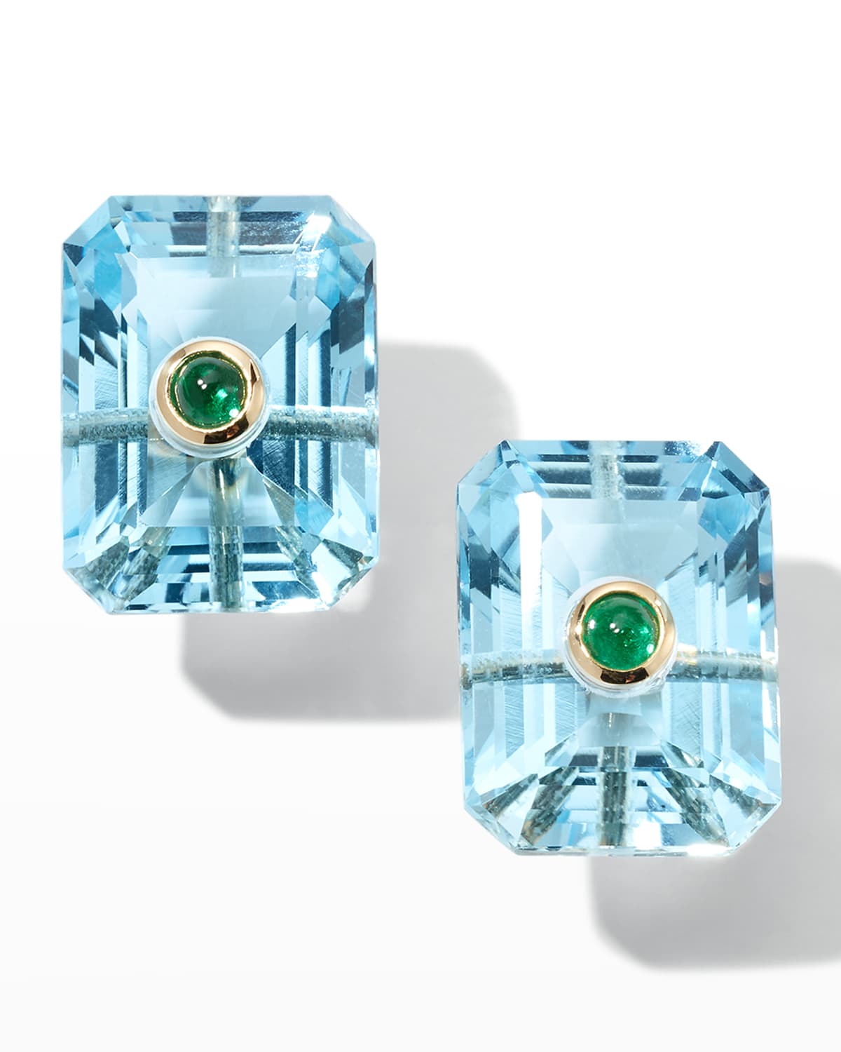 18K Yellow Gold Emerald-Cut 2 Sky Blue Topaz and 2 Round Cabochon Emerald Earrings