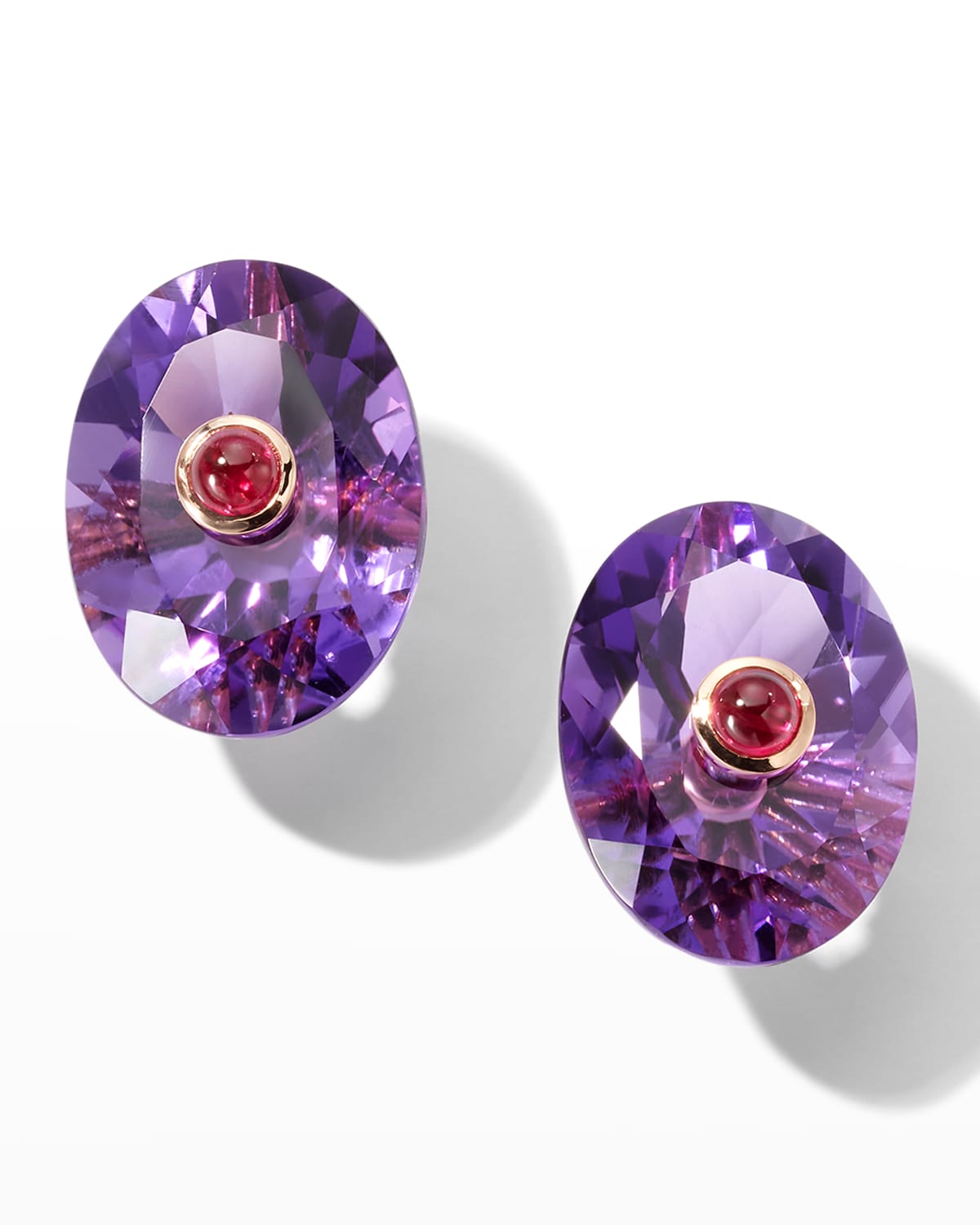 18K Rose Gold 2 Oval Amethyst and 2 Cabochon Ruby Earrings