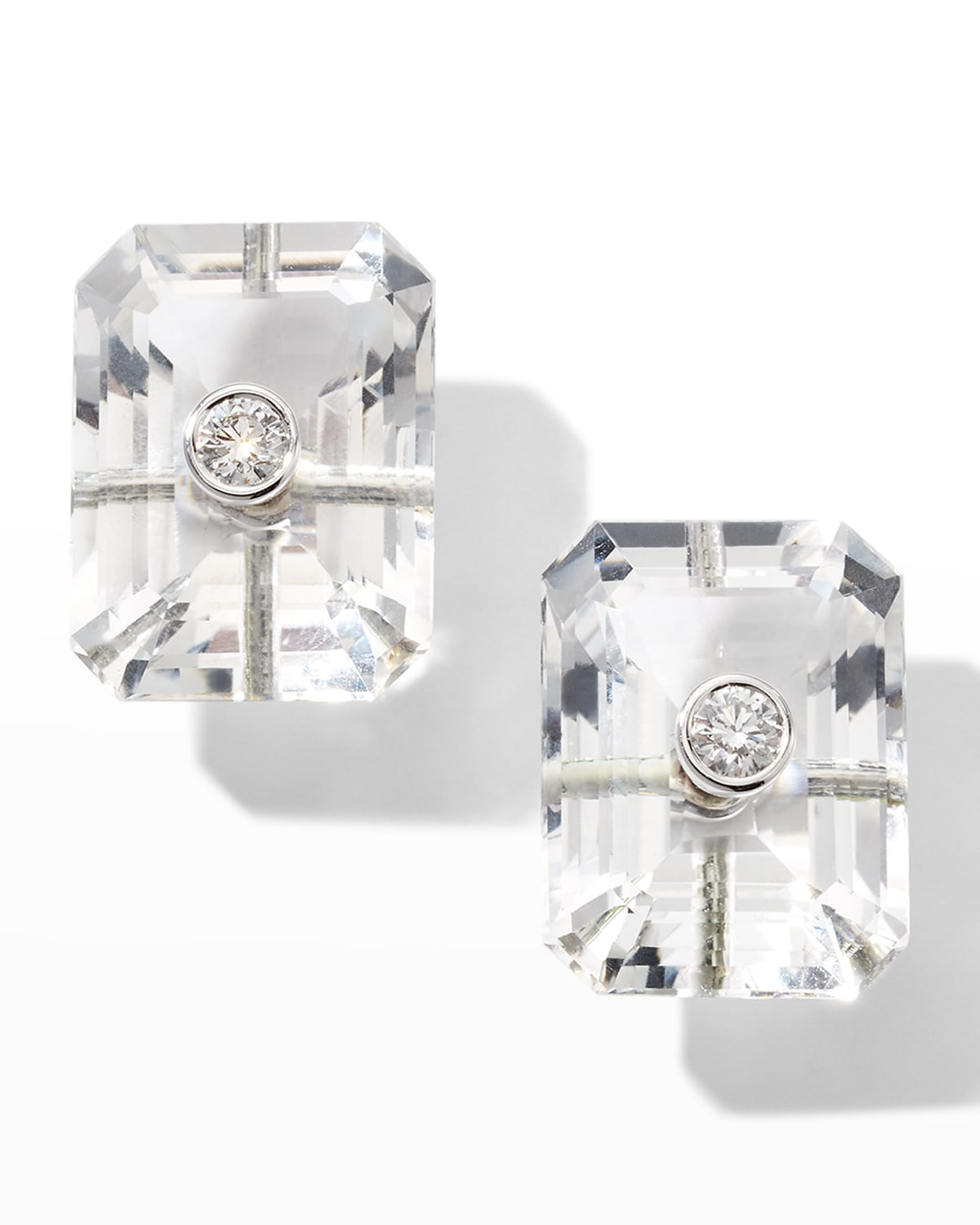 18K White Gold Emerald-Cut Rock Crystals and 2 Round Diamond Earrings
