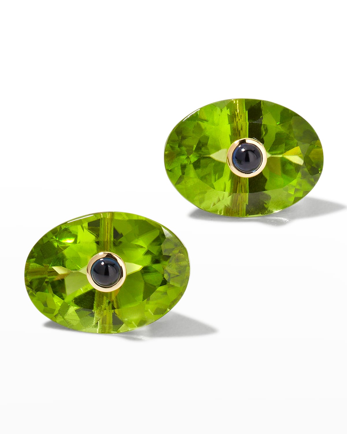 18K Yellow Gold Oval Peridot and Cabochon Blue Sapphire Earrings