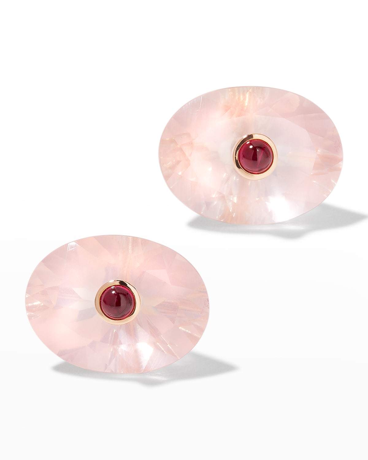 18K Rose Gold Oval Rose Quartz and Cabochon Ruby Earrings