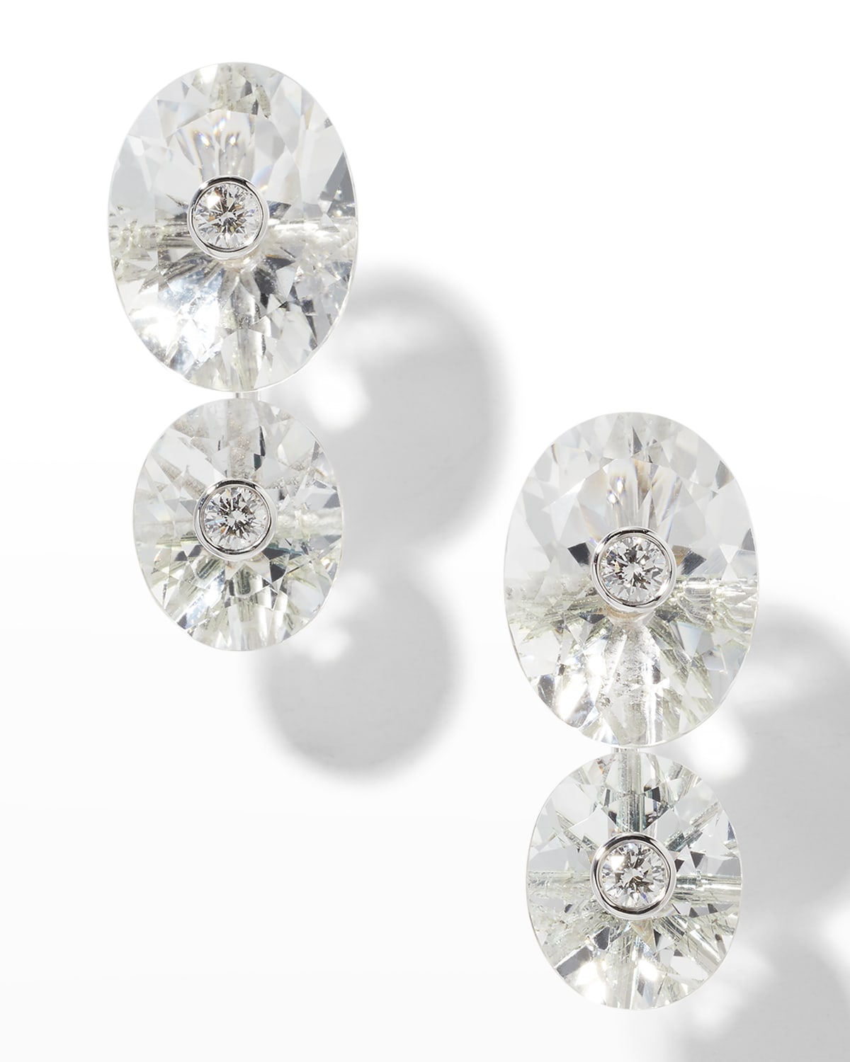 18K White Gold Oval Rock Crystal Quartz and Round Diamond Earrings