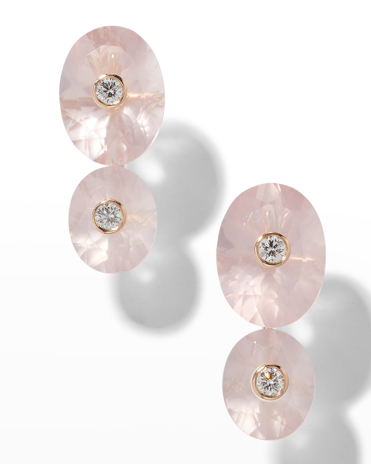 18K Rose Gold Oval Rose Quartz and Round Diamond Earrings